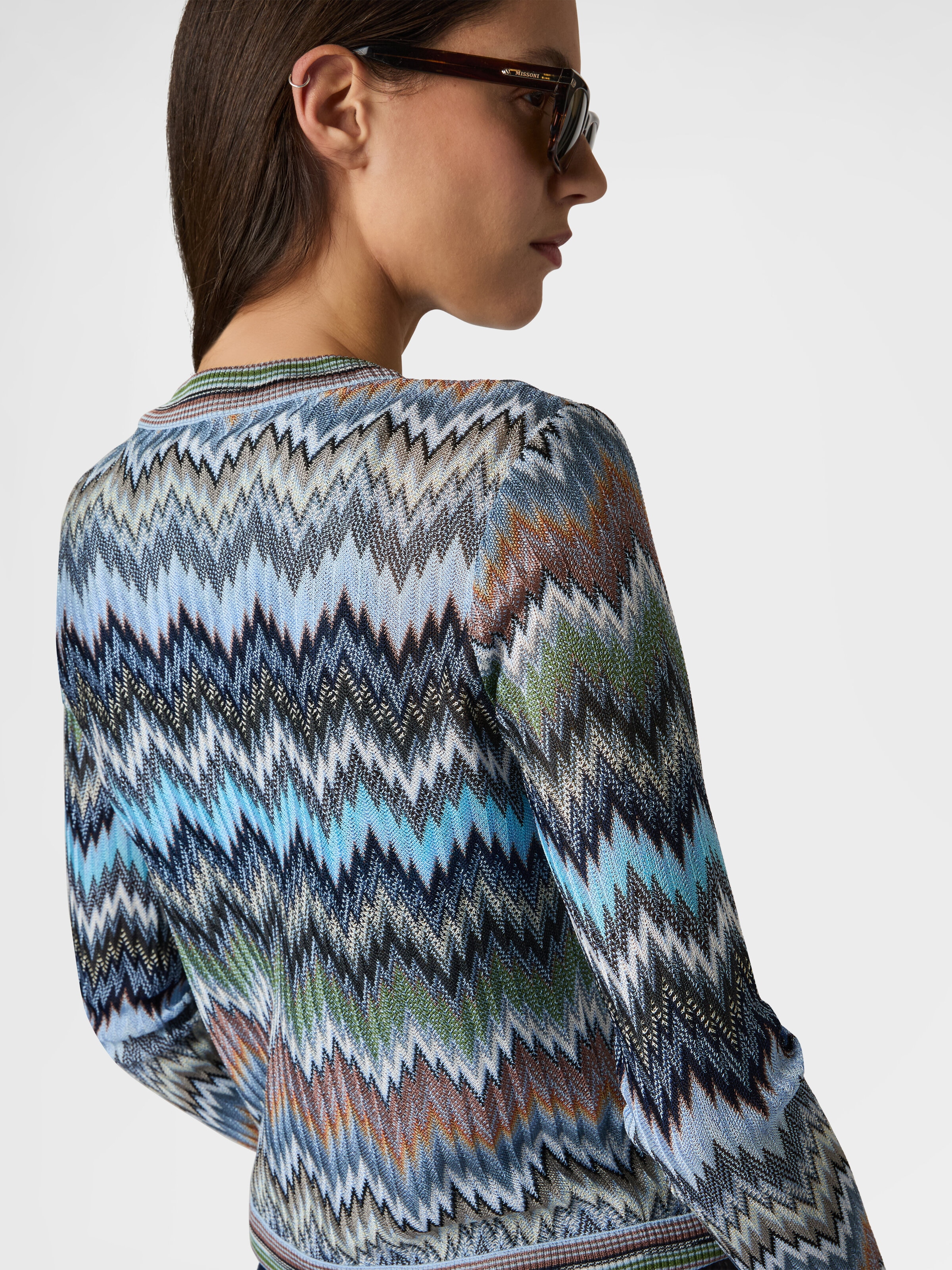 Snake-Pattern Viscose Chevron Cardigan with Patch Pockets
