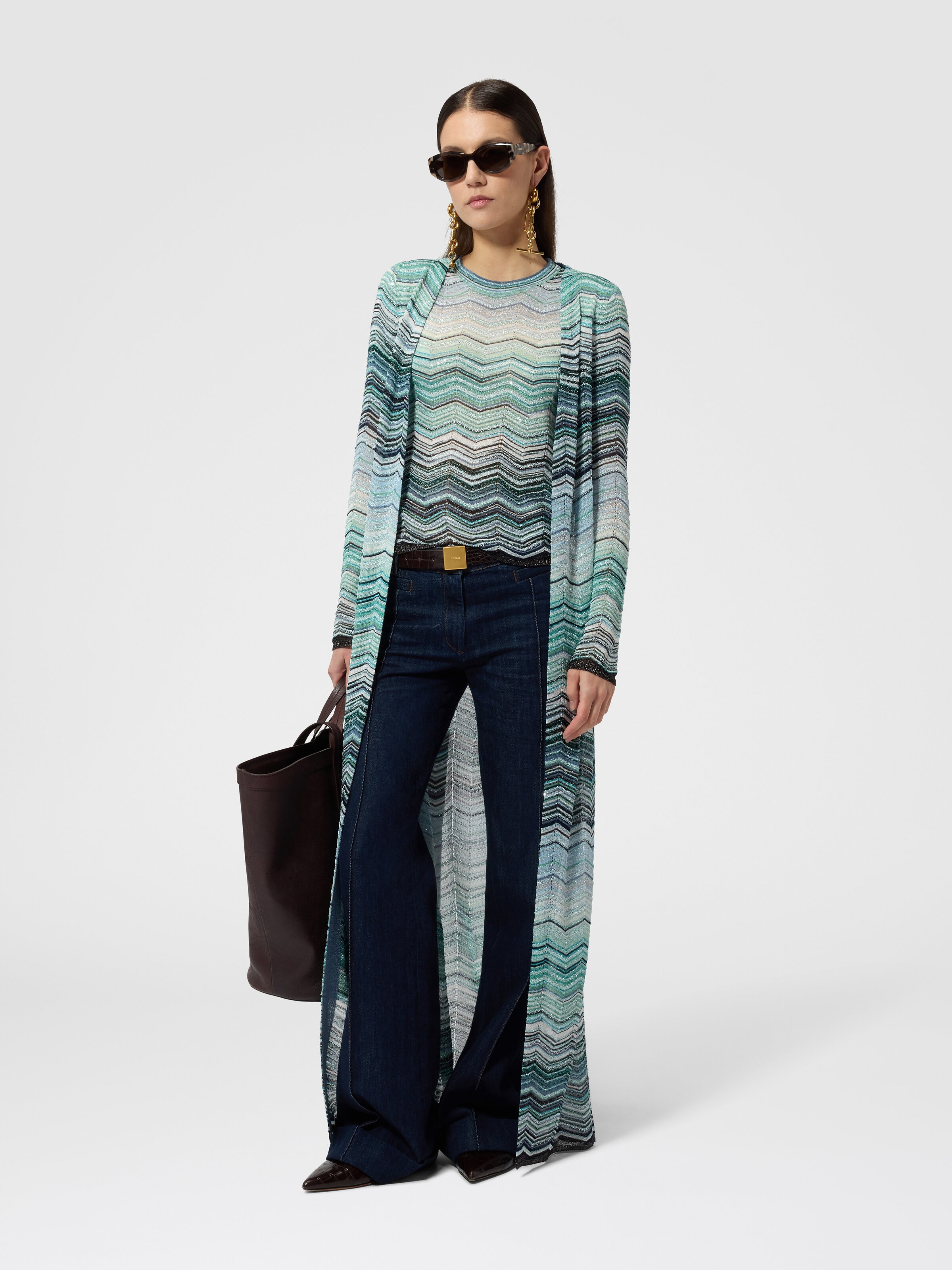 Long cardigan with a chevron pattern with sequins Turquoise | Missoni