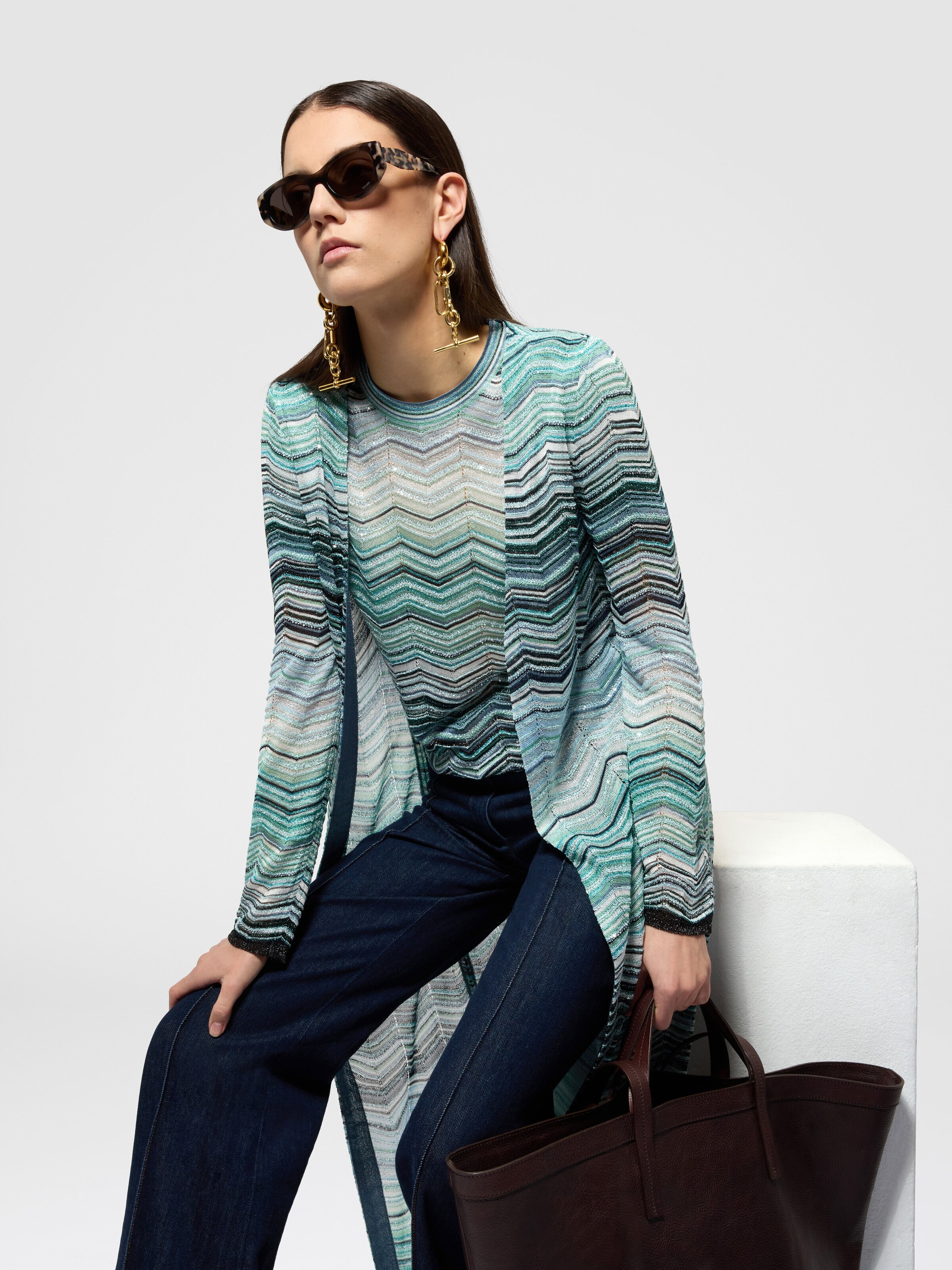 Long cardigan with a chevron pattern with sequins Turquoise | Missoni