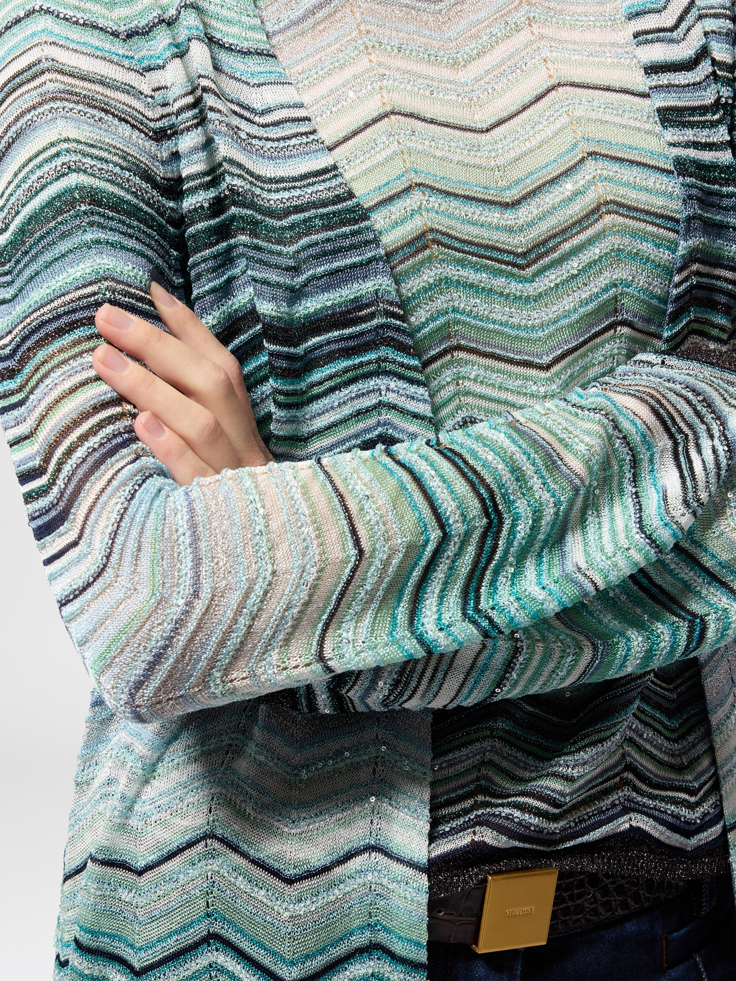 Long cardigan with a chevron pattern with sequins Turquoise | Missoni