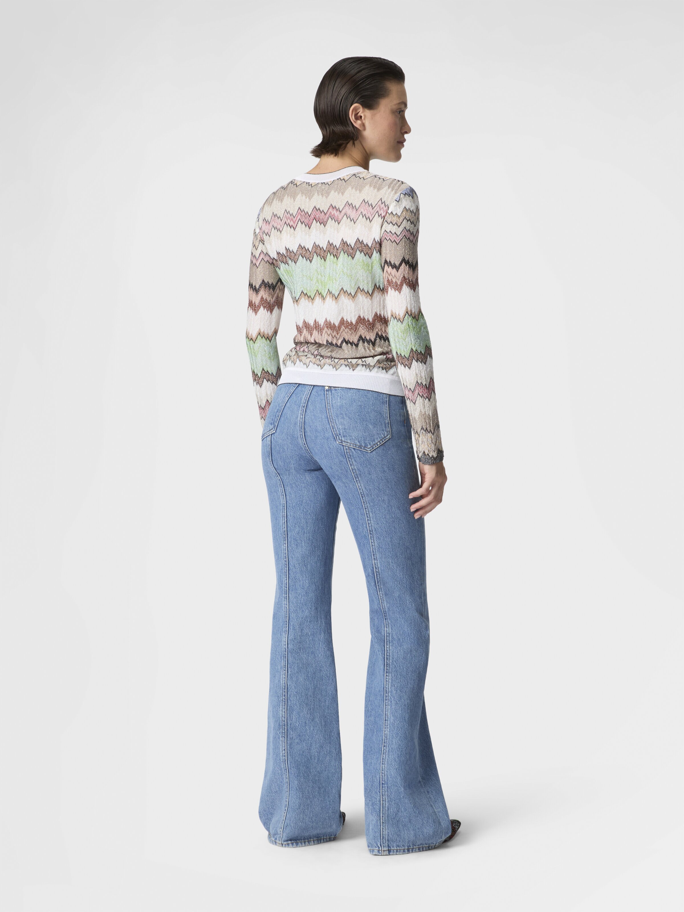 Jersey de cuello redondo de viscosa lamé con ribetes en contraste, Verde & Marròn - 2