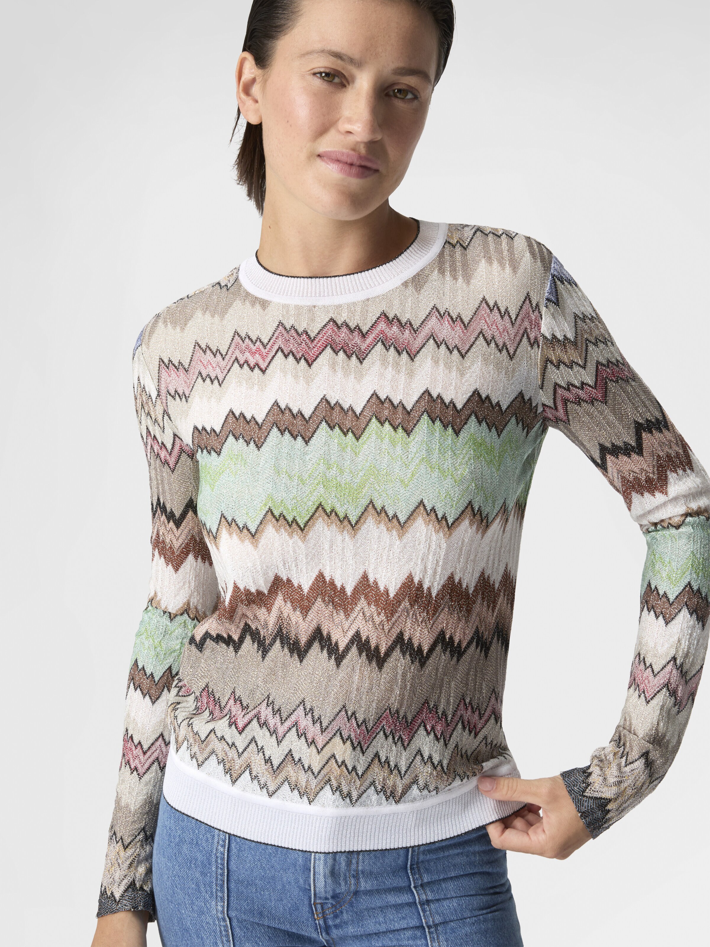 Jersey de cuello redondo de viscosa lamé con ribetes en contraste, Verde & Marròn - 3