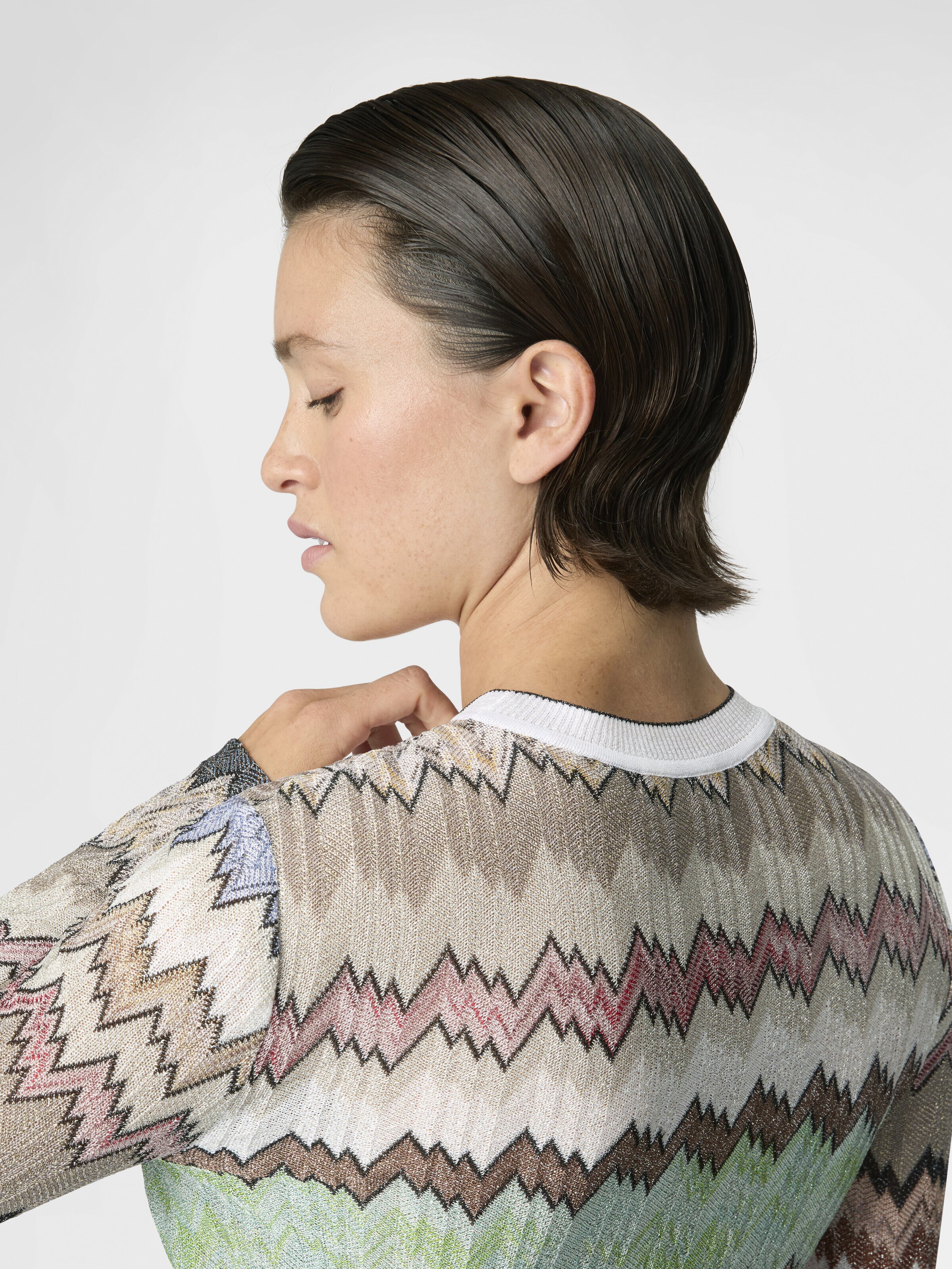 Jersey de cuello redondo de viscosa lamé con ribetes en contraste, Verde & Marròn - 4