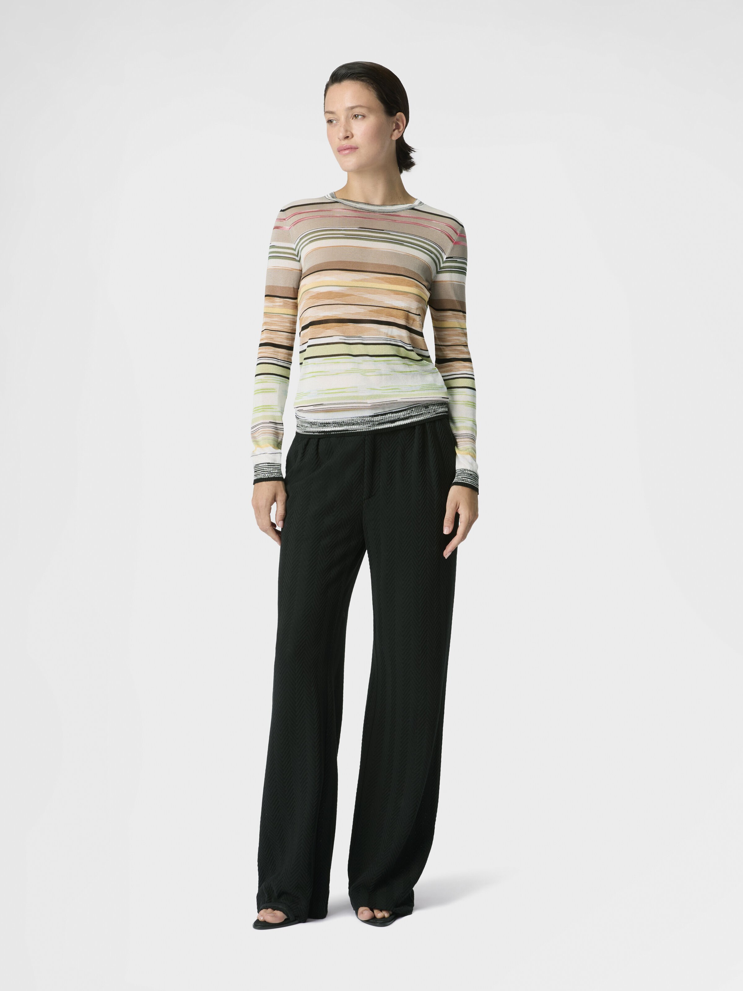 Striped Flame Viscose Crewneck Sweater, Green& Brown - 1