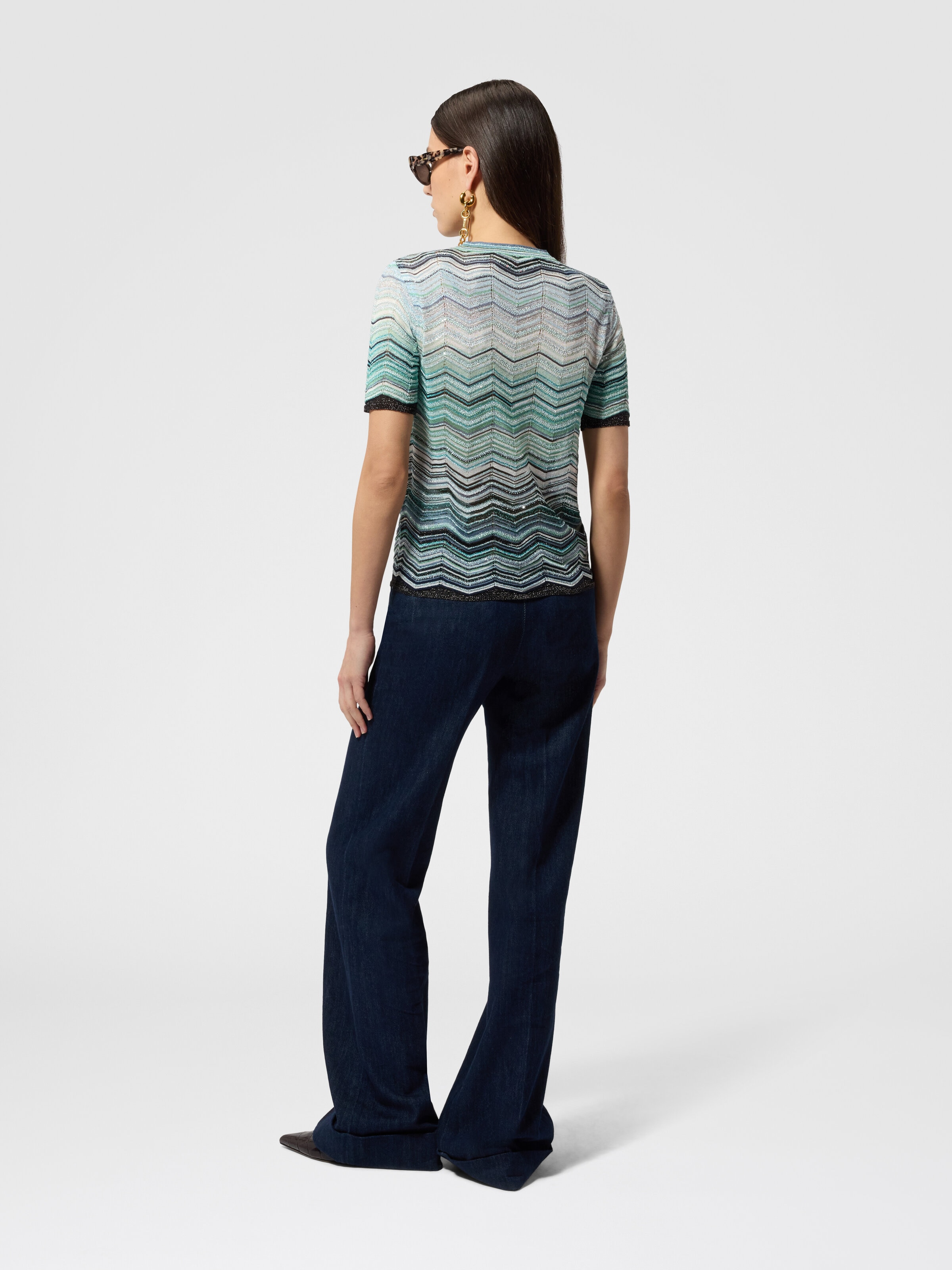 Crew-neck t-shirt in viscose chevron lamé with sequins Turquoise