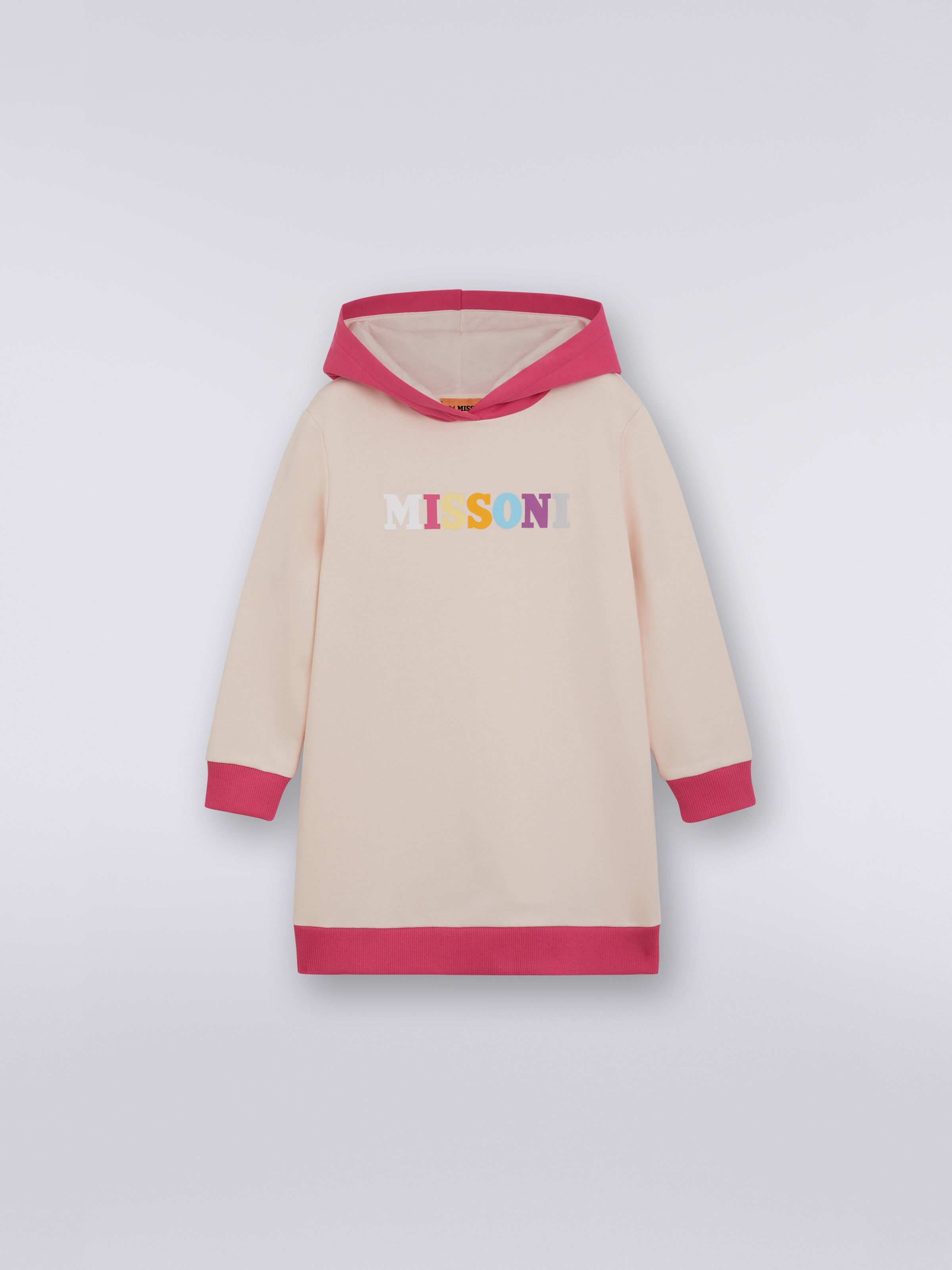 Robe en coton avec capuche et logo multicolore, Rose   - 0