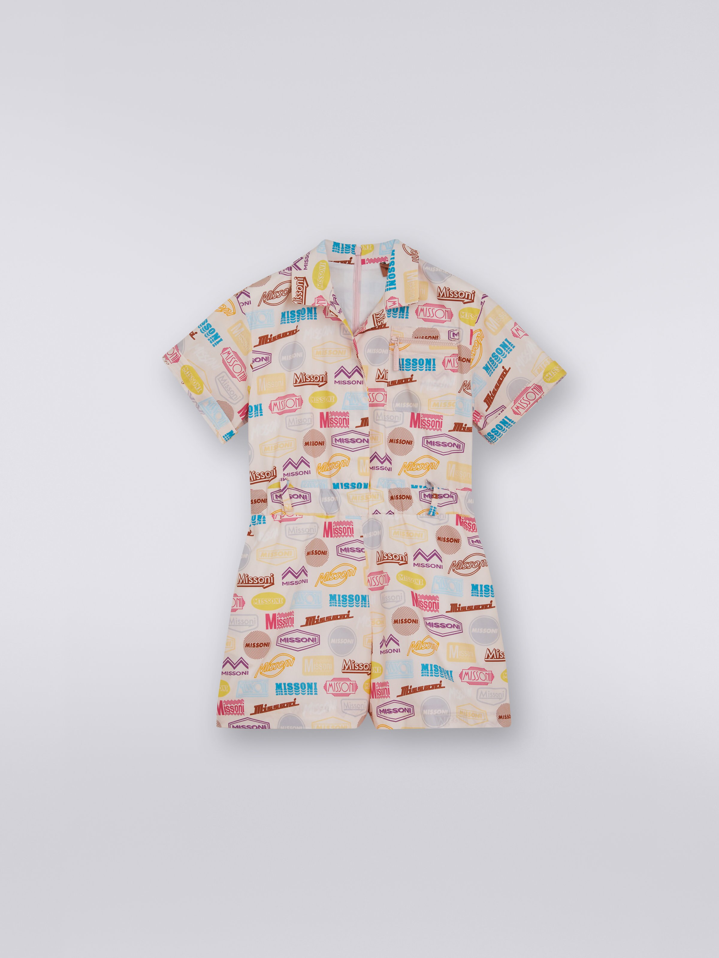 Kurzer Baumwoll-Jumpsuit mit kurzen Ärmeln und Logo, Mehrfarbig  - 0