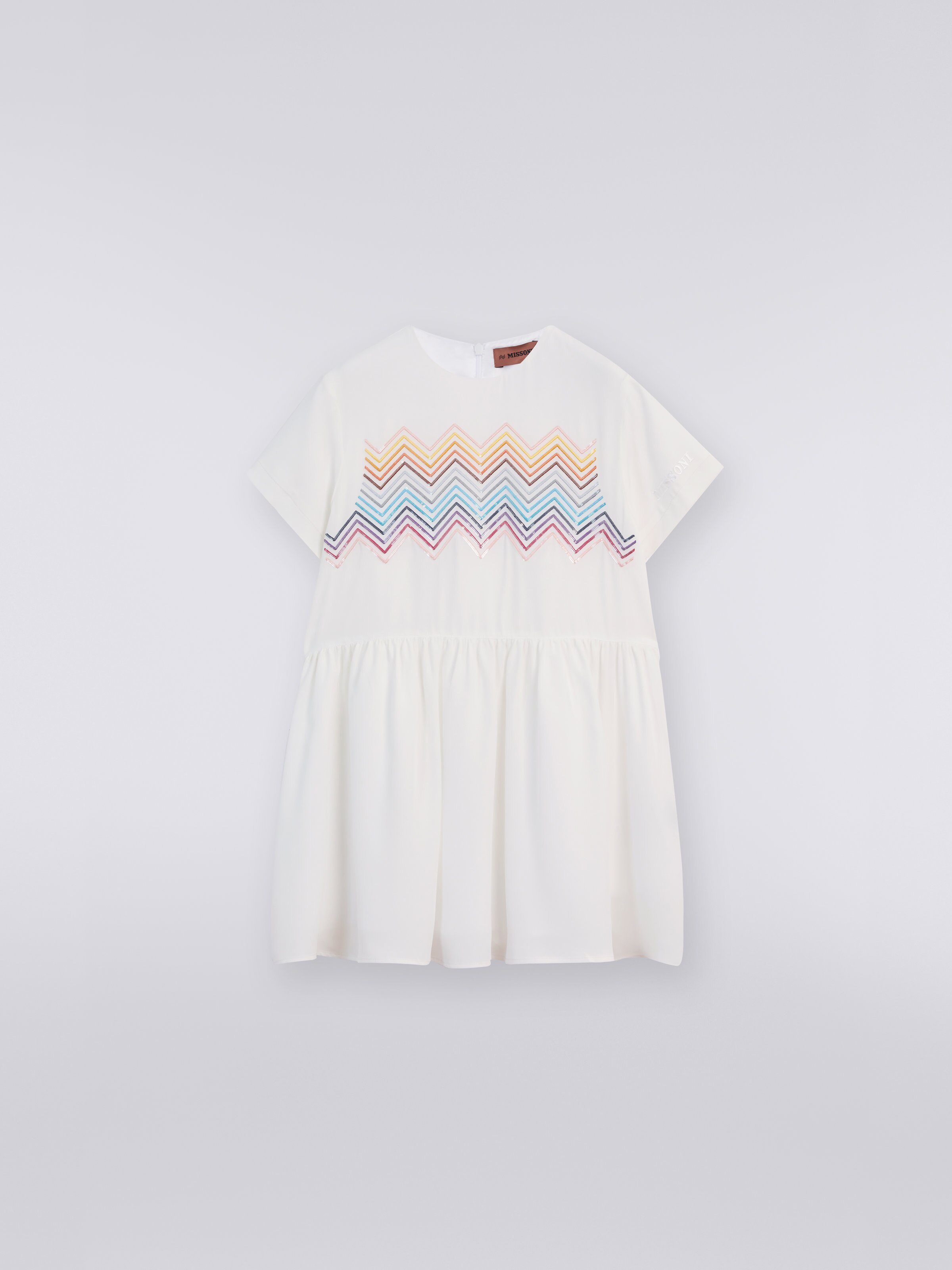 Silk blend short-sleeved dress with sequin appliqués, Multicoloured  - 0