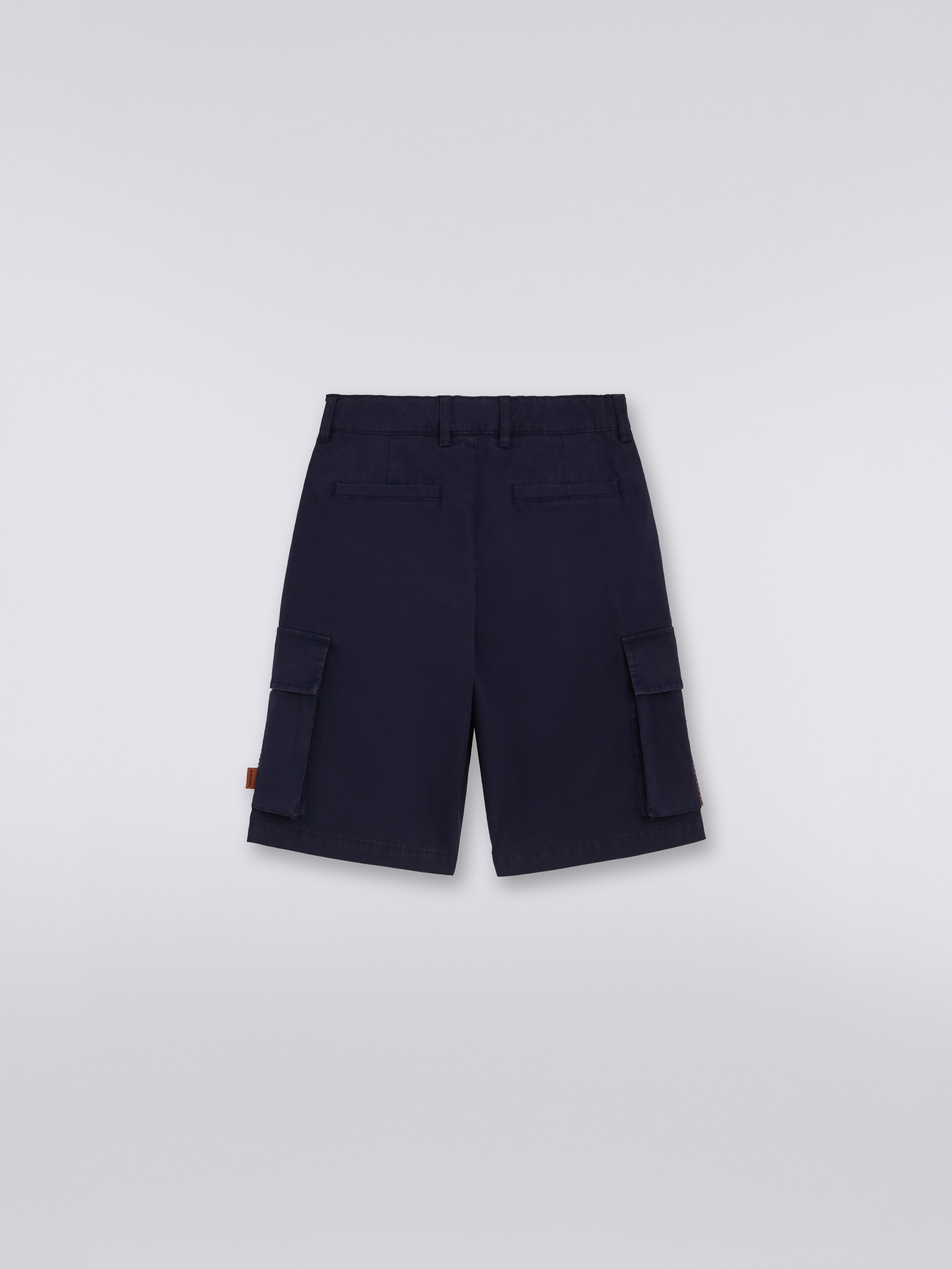 Cotton multi-pocket shorts with chevron knit detail, Blue - 1