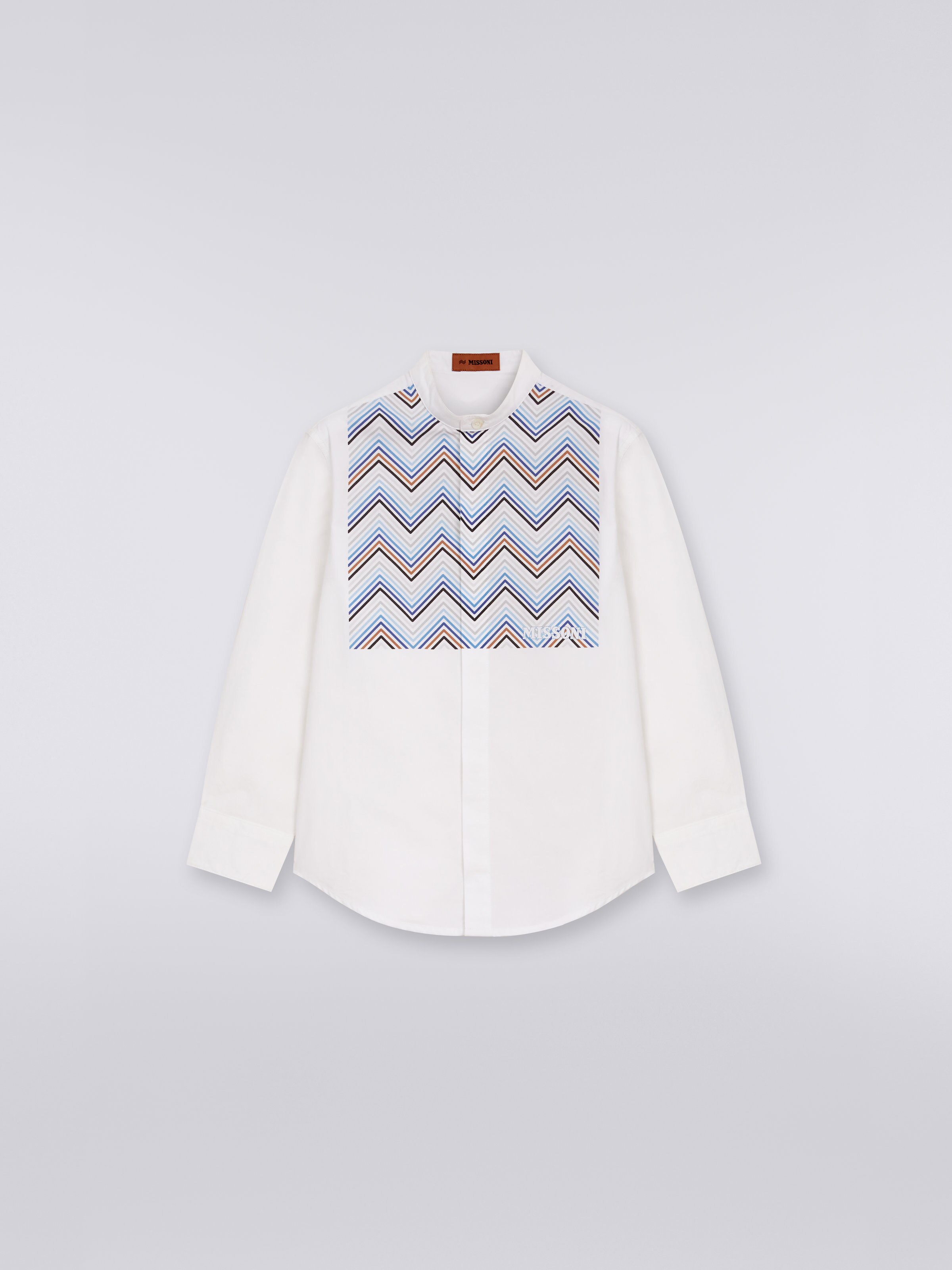 Camisa de algodón con cuello gurú y plastrón en zigzag, Multicolor  - 0