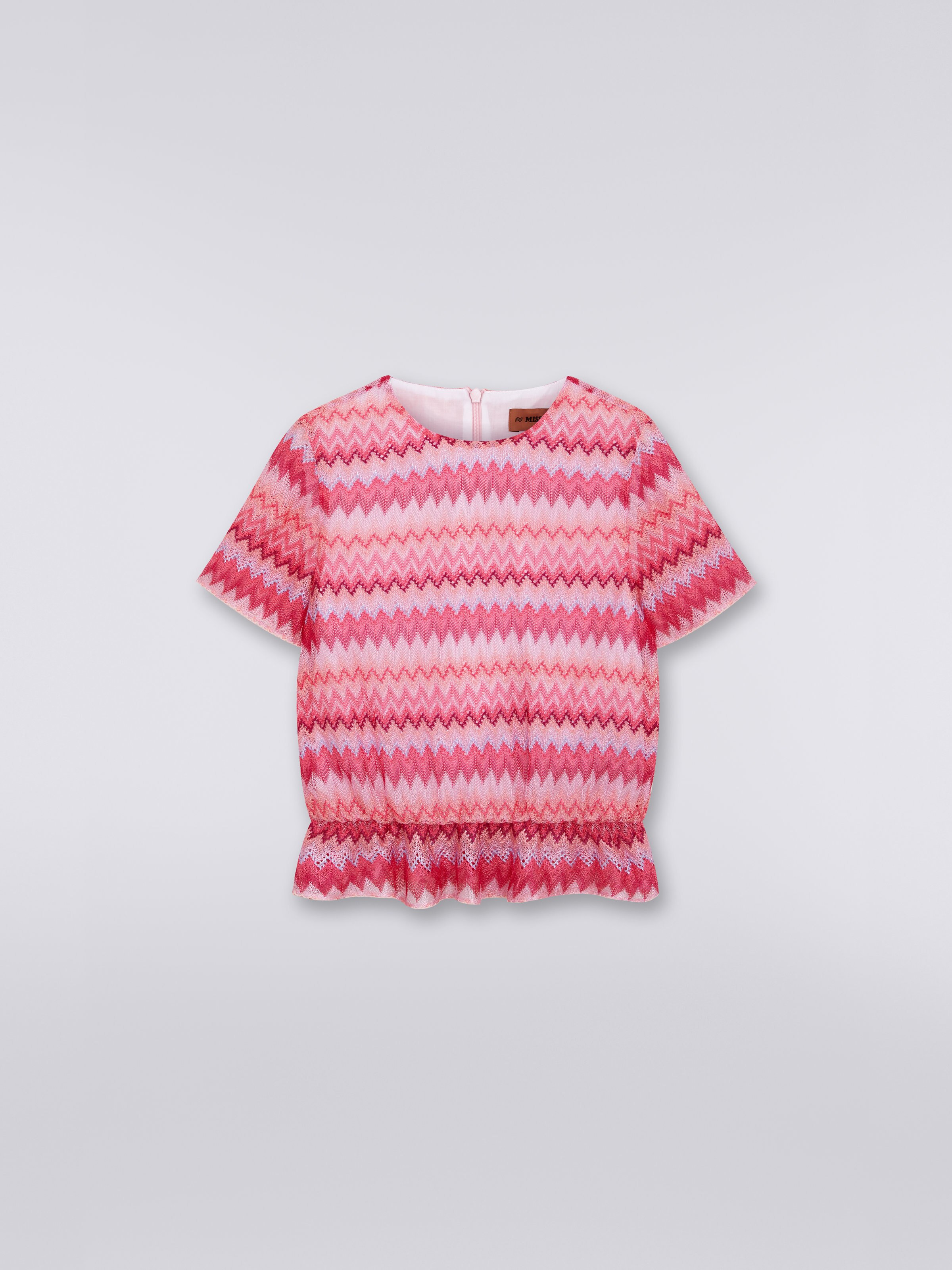 Viscose chevron T-shirt with ruffles, Pink   - 0