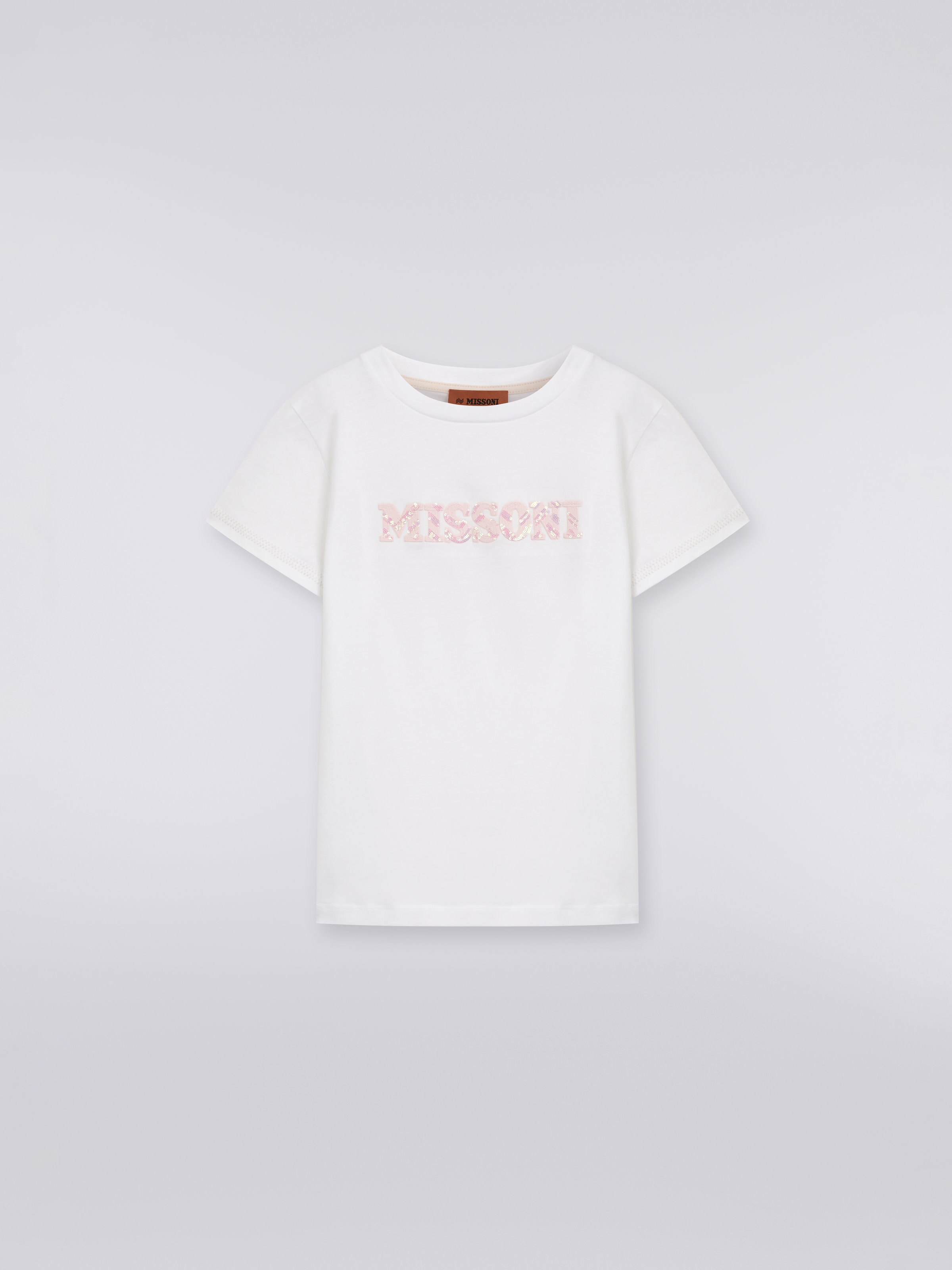 Baumwoll-T-Shirt mit Rundhalsausschnitt und Logo-Applikation aus Pailletten, Mehrfarbig  - 0