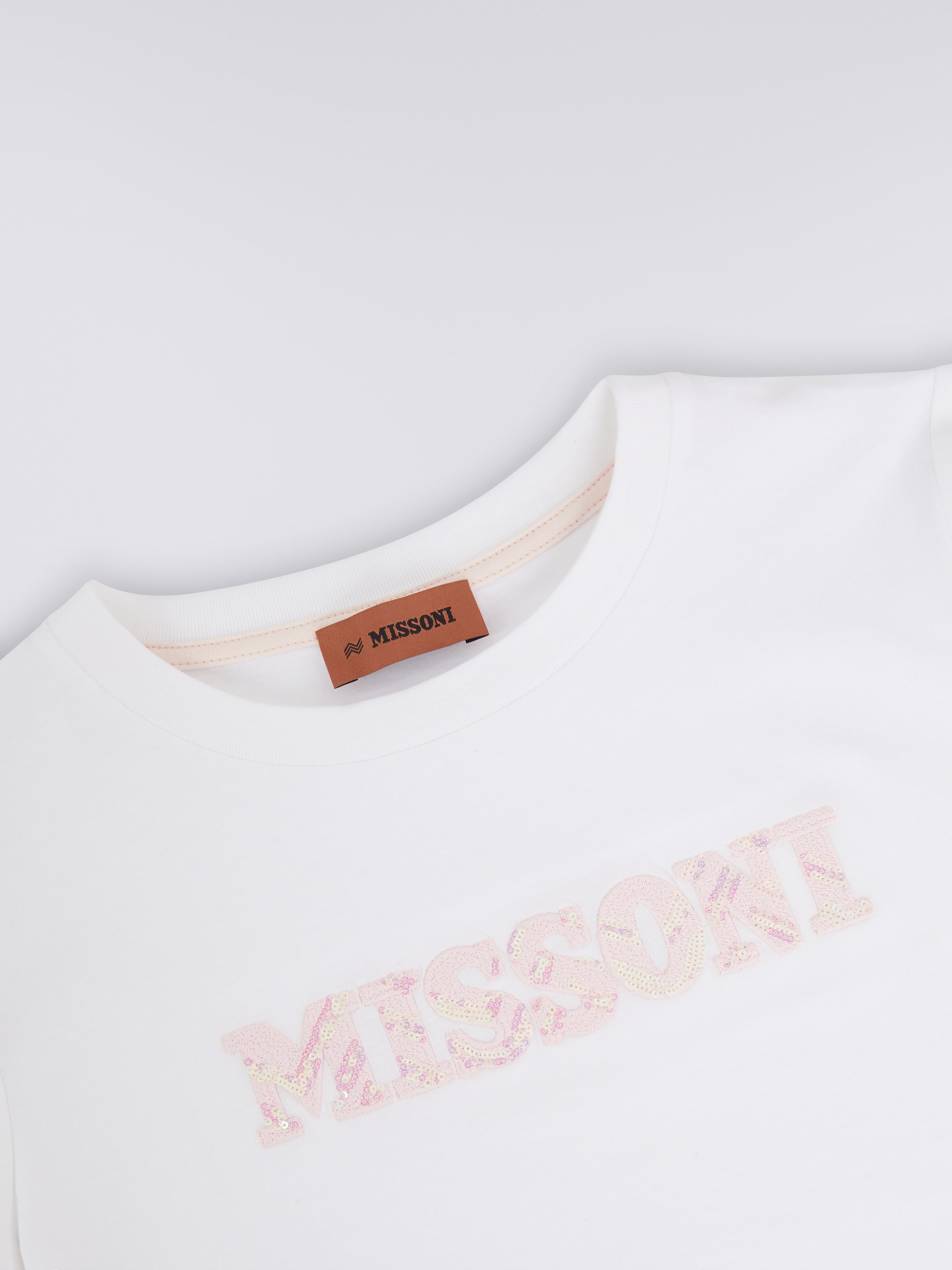 Baumwoll-T-Shirt mit Rundhalsausschnitt und Logo-Applikation aus Pailletten, Mehrfarbig  - 2