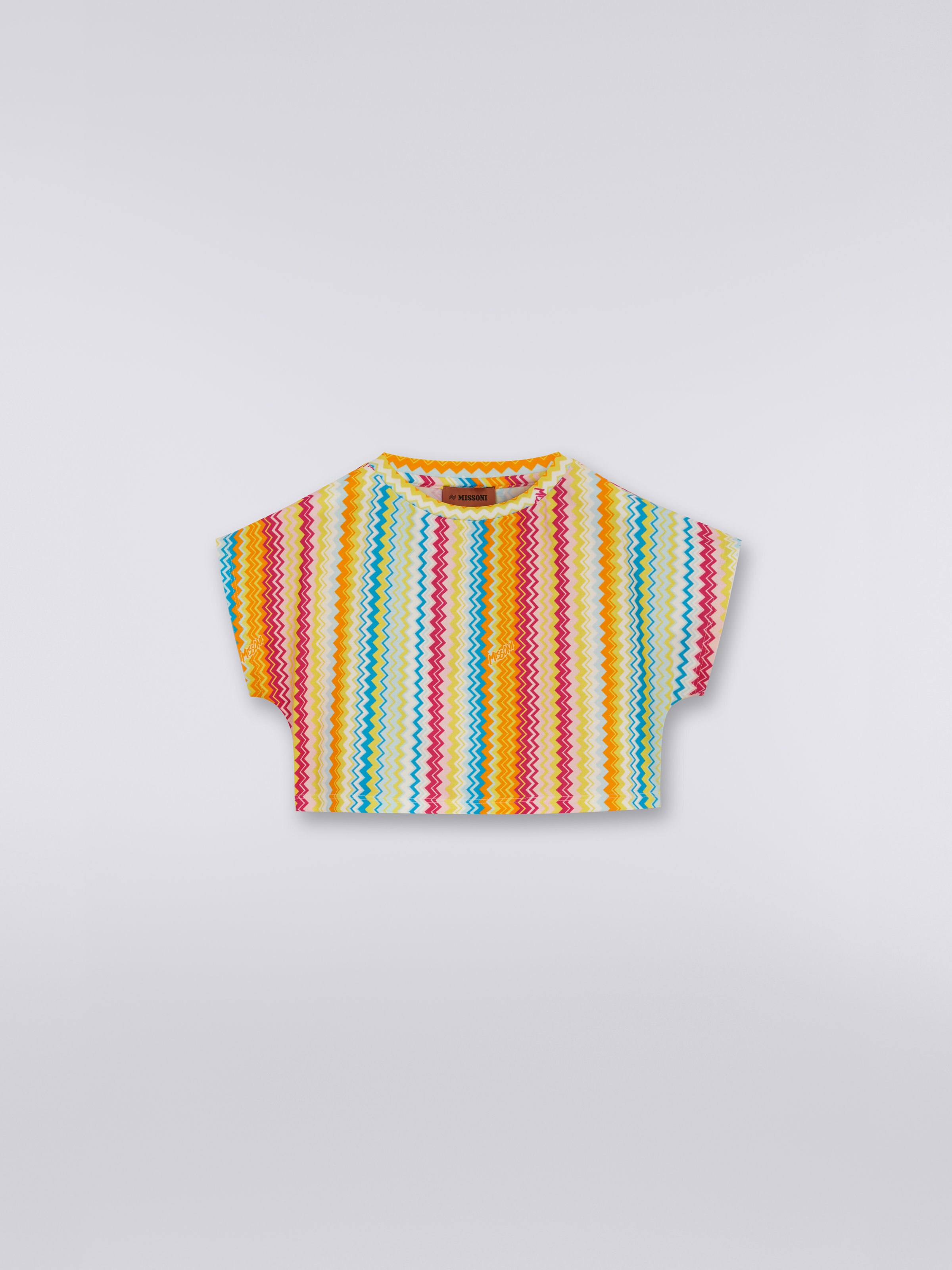 Kurzes Top aus Stretch-Baumwolle mit Zickzackmuster und Logo, Mehrfarbig  - 0