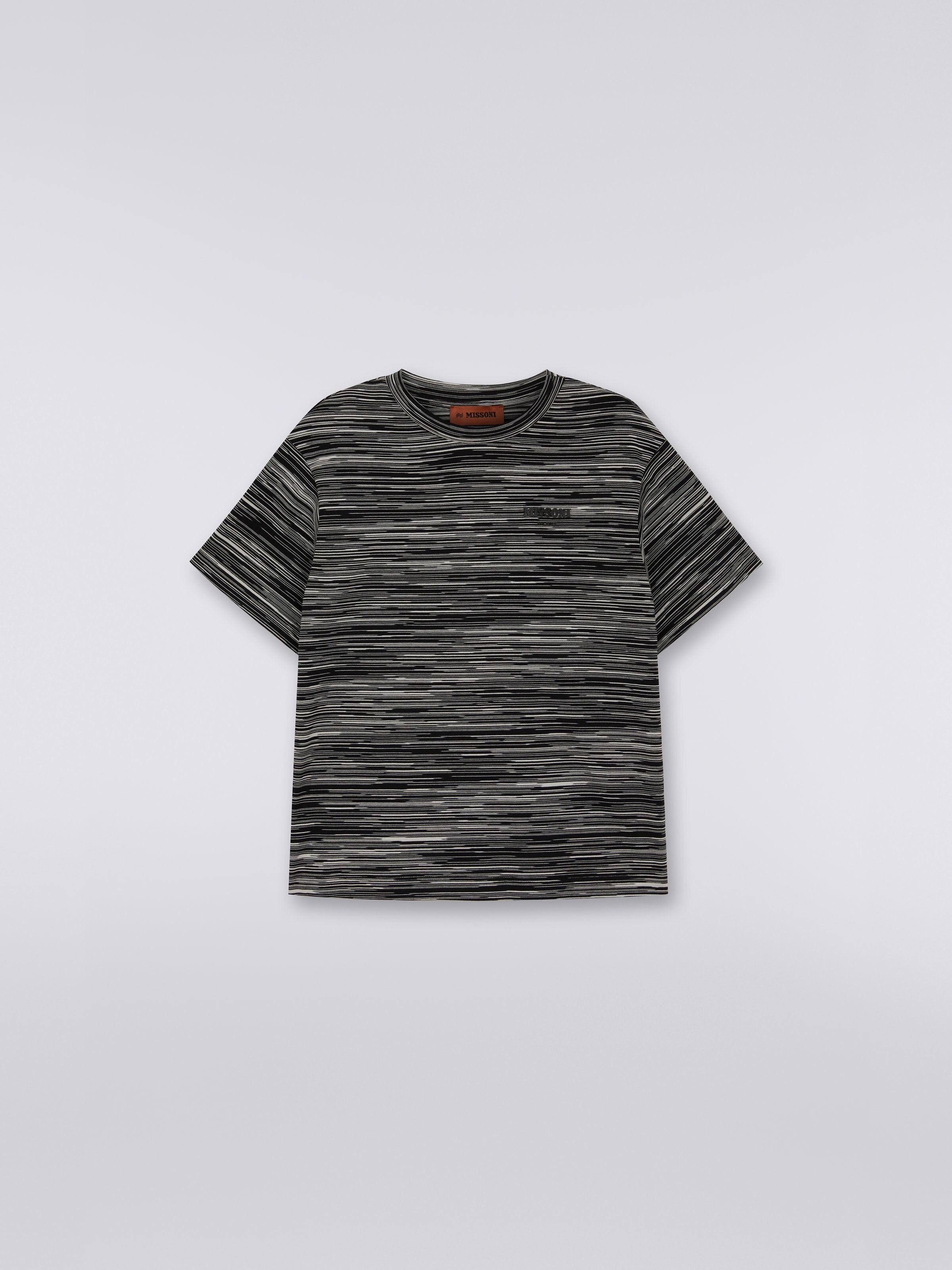Rundhals-T-Shirt aus Baumwolle in Flammgarnoptik, Weiß & Schwarz - 0
