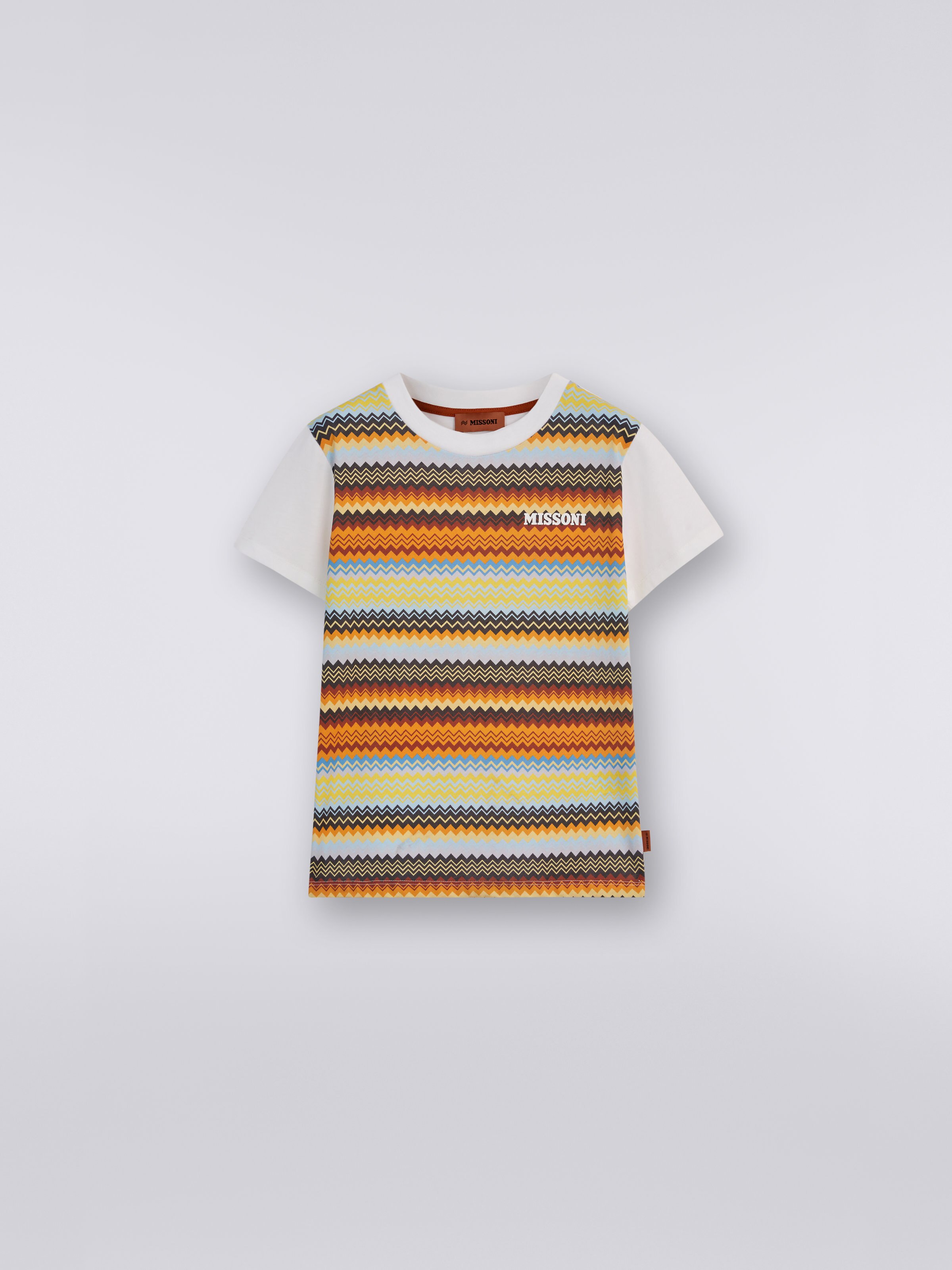 Cotton short-sleeved crew-neck T-shirt with zigzag pattern and plain back., Multicoloured  - 0