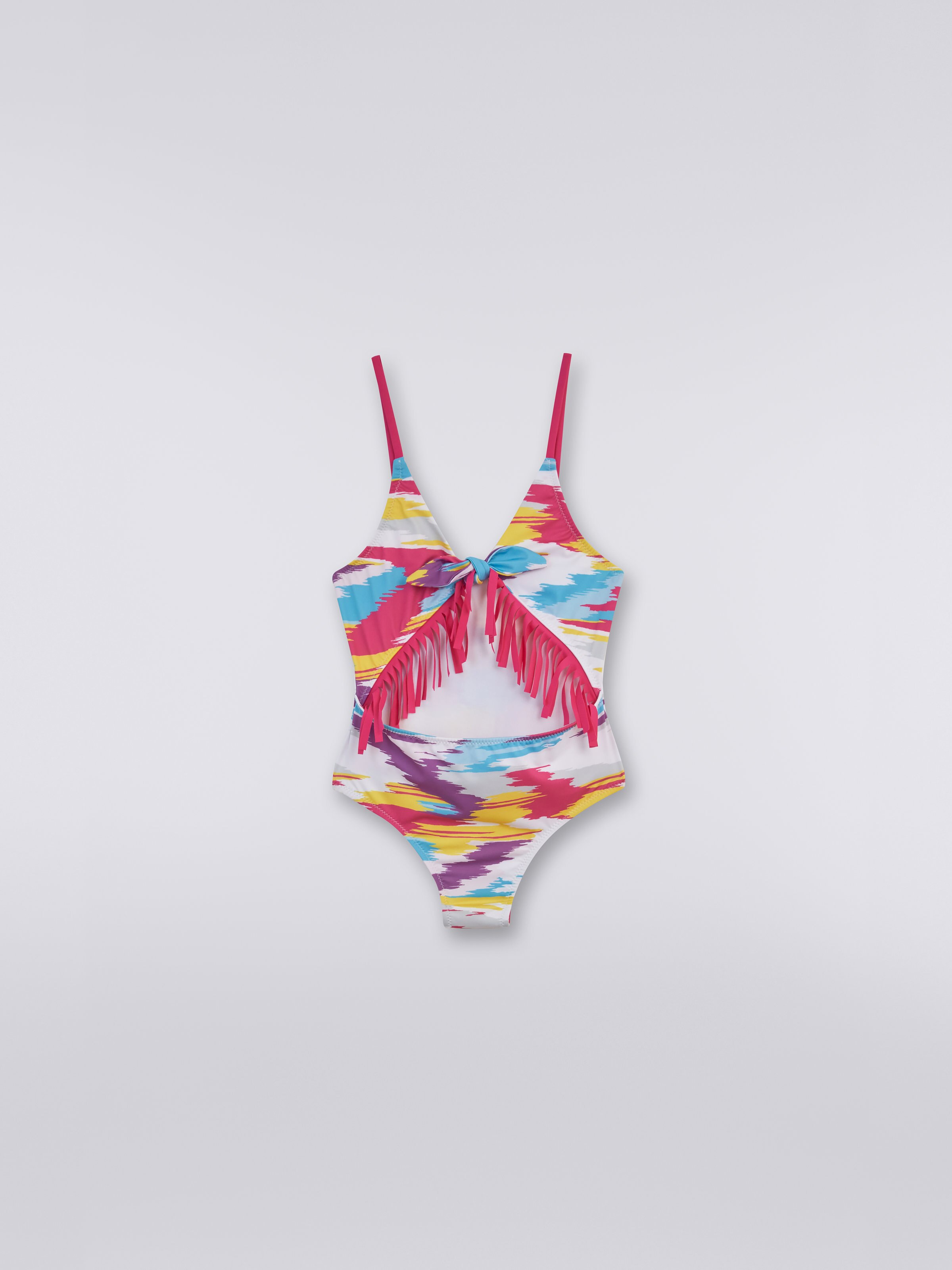 One-piece swimming costume with slub print and fringing, Multicoloured  - 0