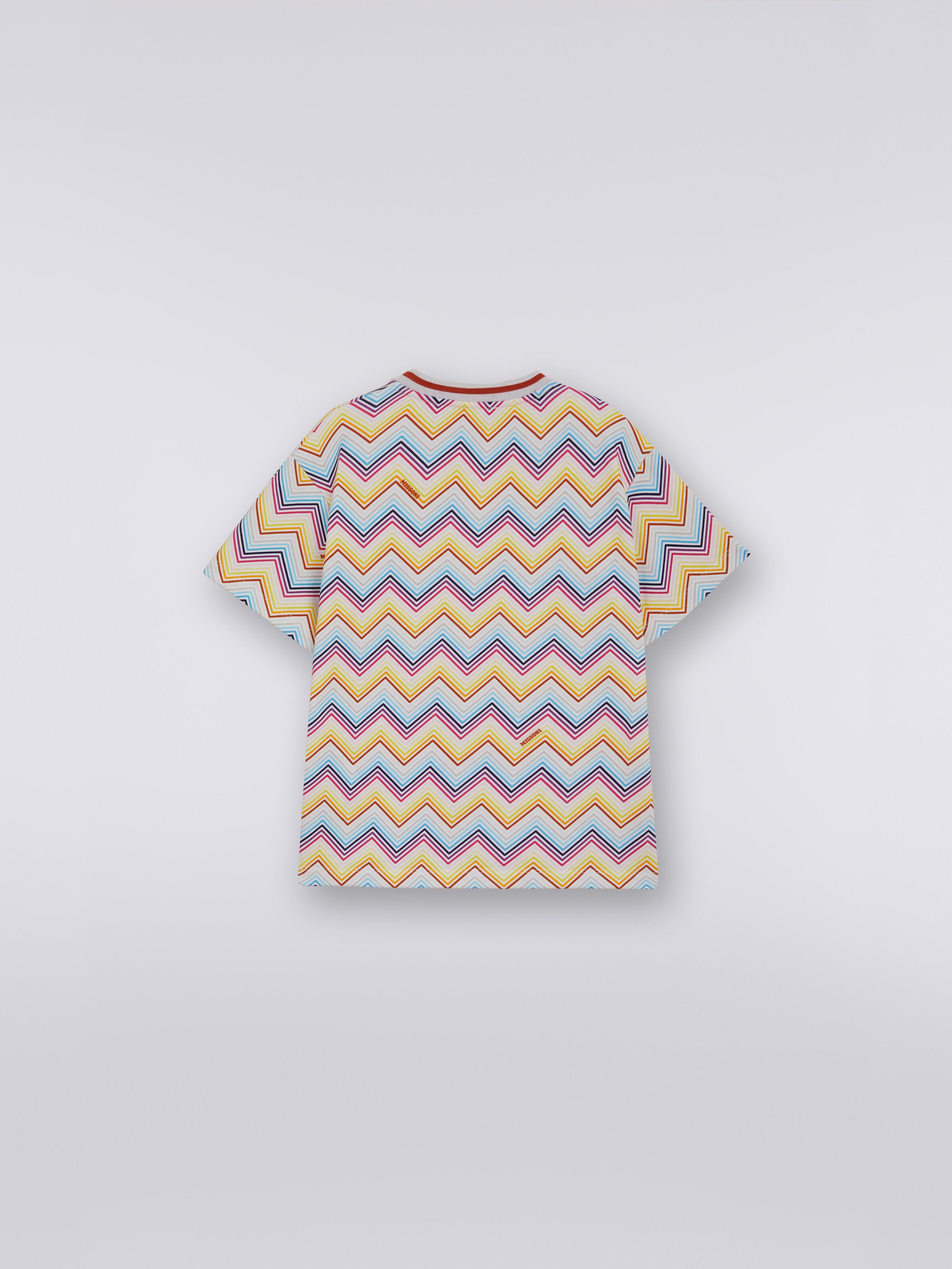 Felpa girocollo a maniche corte in cotone a zig zag con colletto a contrasto, Multicolore - 1