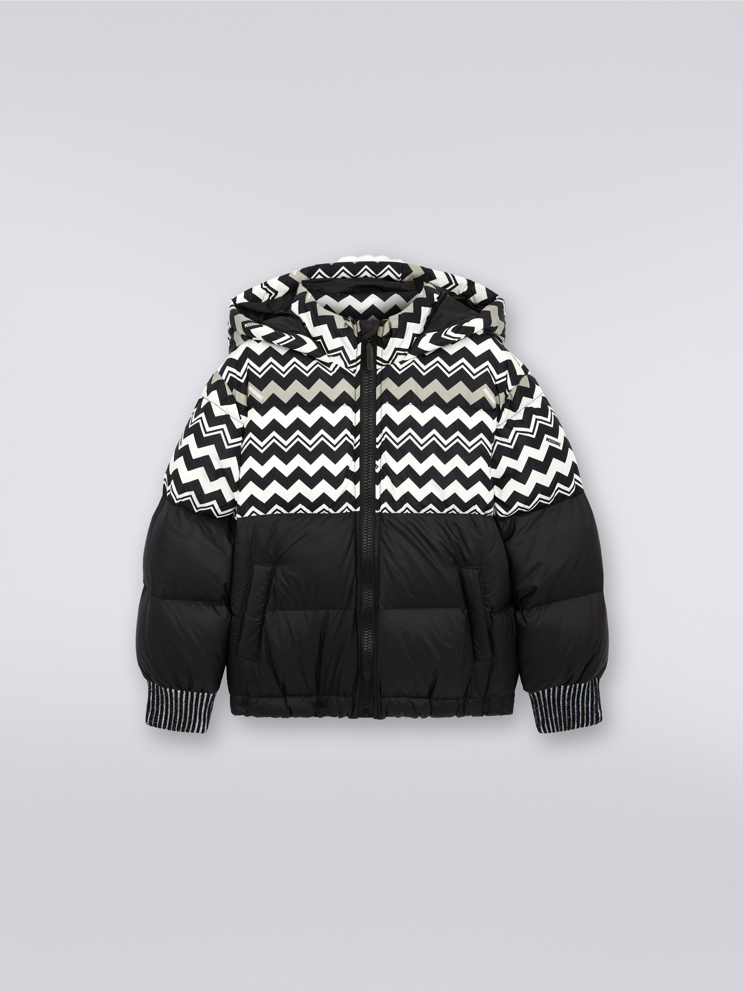 Nylon jacket with hood and zigzag inserts, Black & White - 0