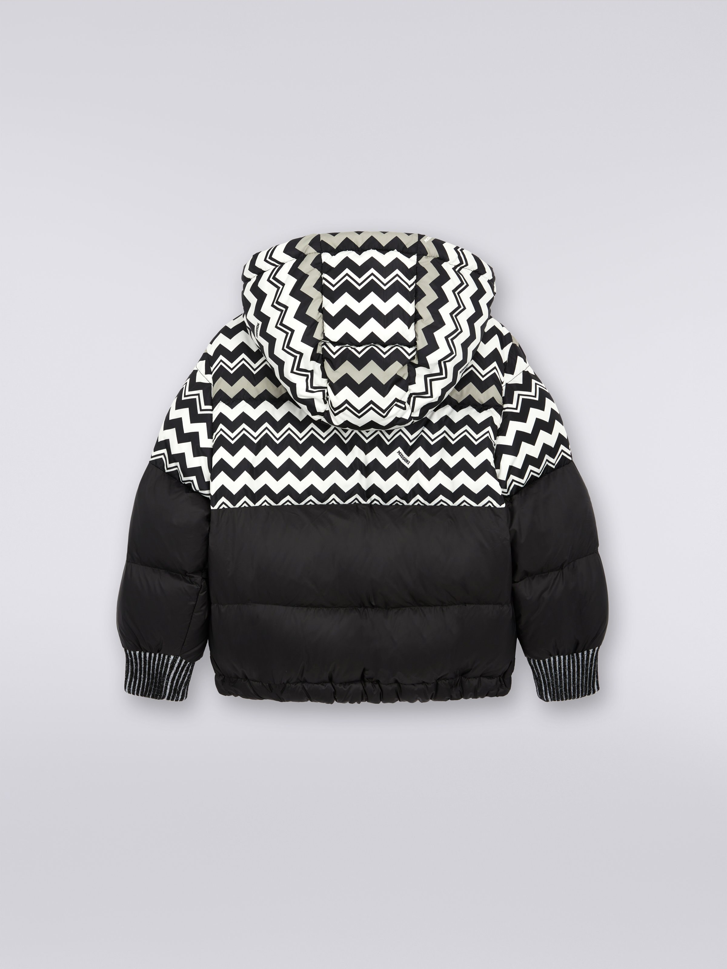 Nylon jacket with hood and zigzag inserts, Black & White - 1