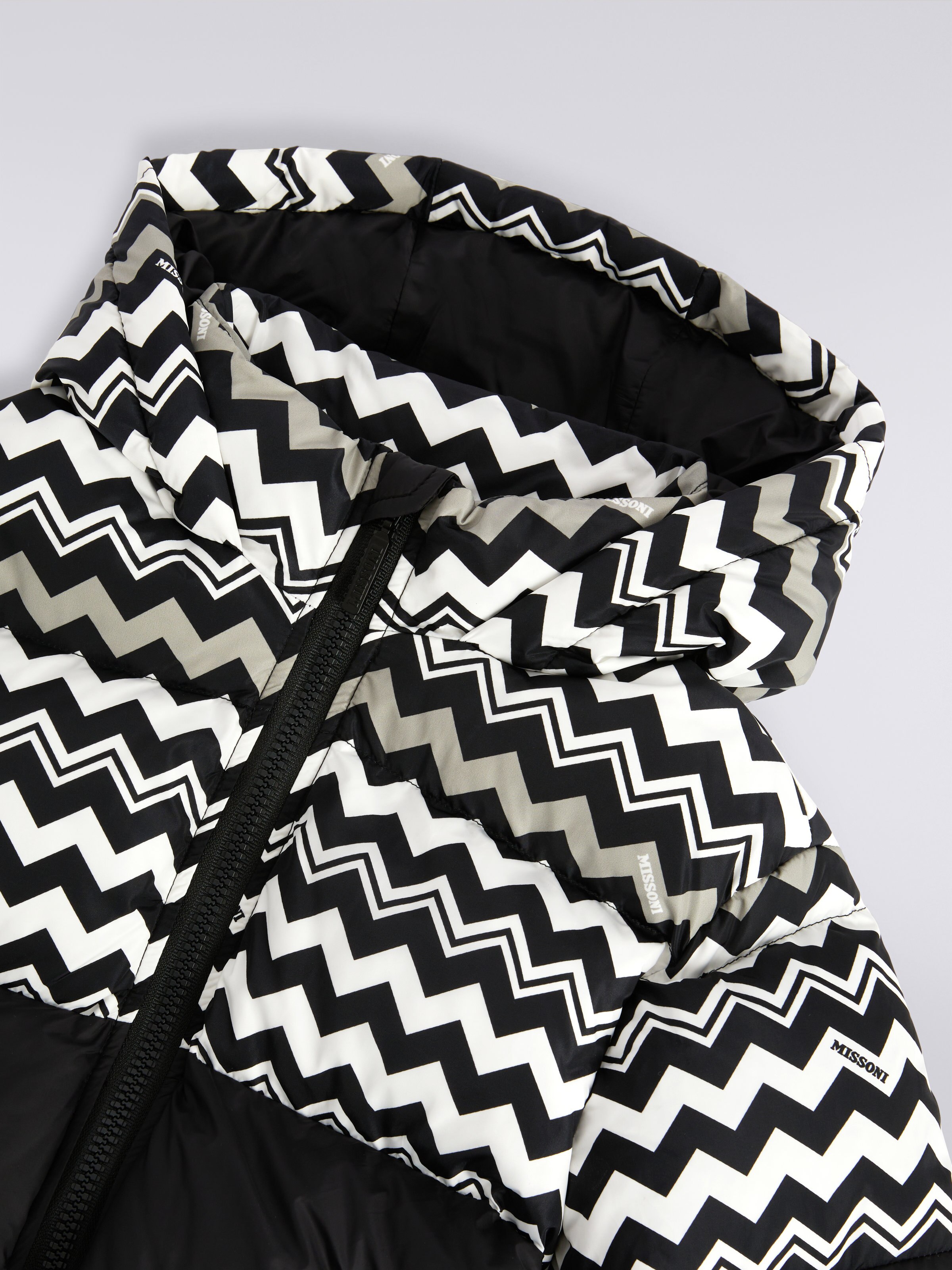 Nylon jacket with hood and zigzag inserts, Black & White - 2
