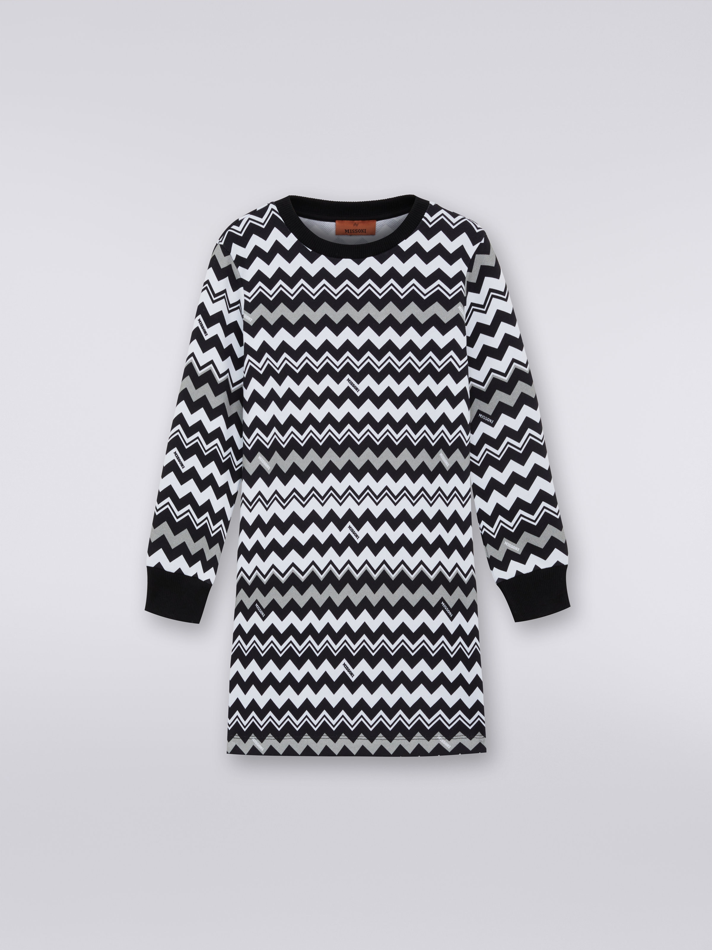 Long-sleeved cotton dress with zigzag, Black & White - 0