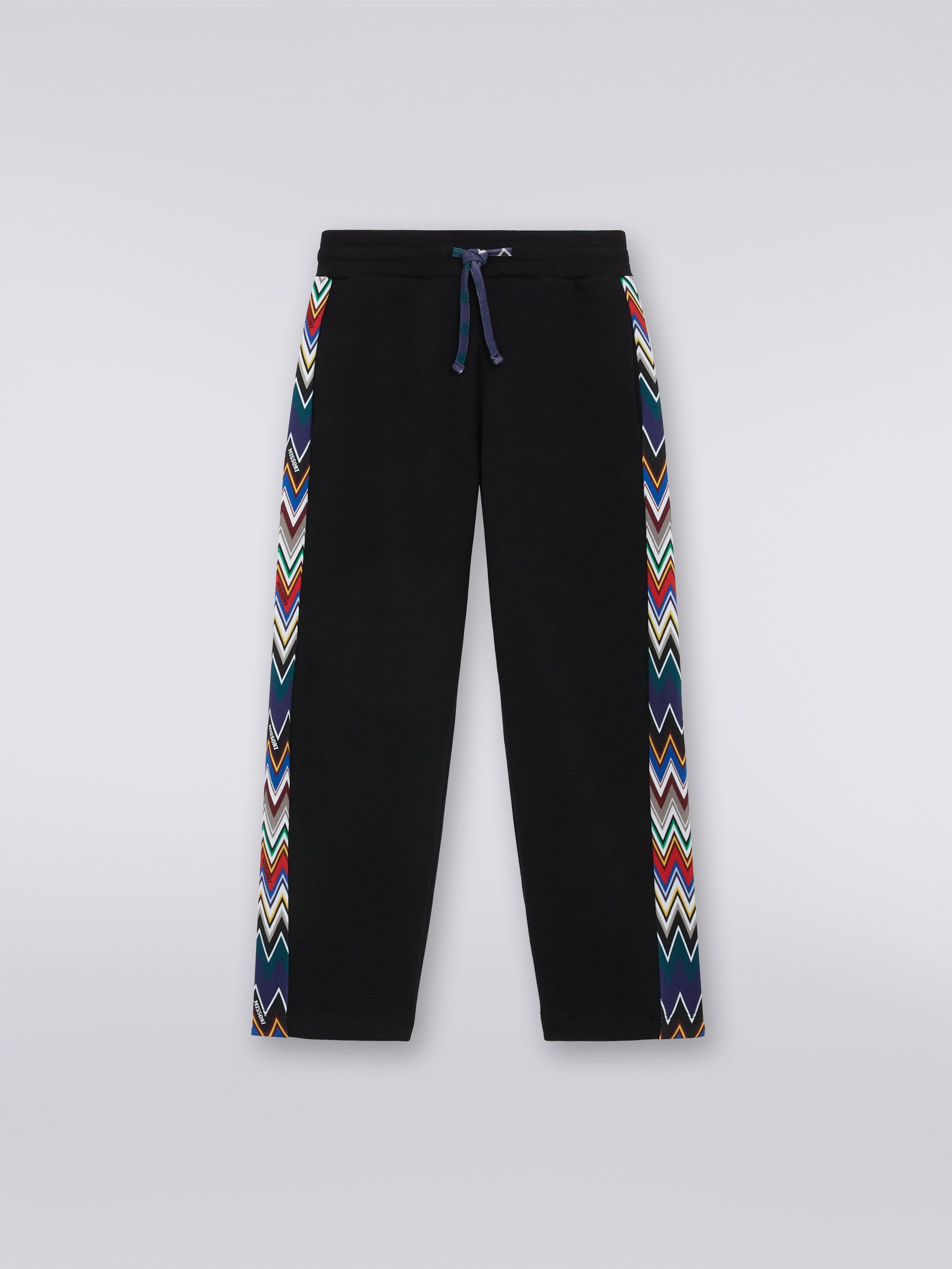 Cotton fleece joggers with chevron inserts, Black    - 0