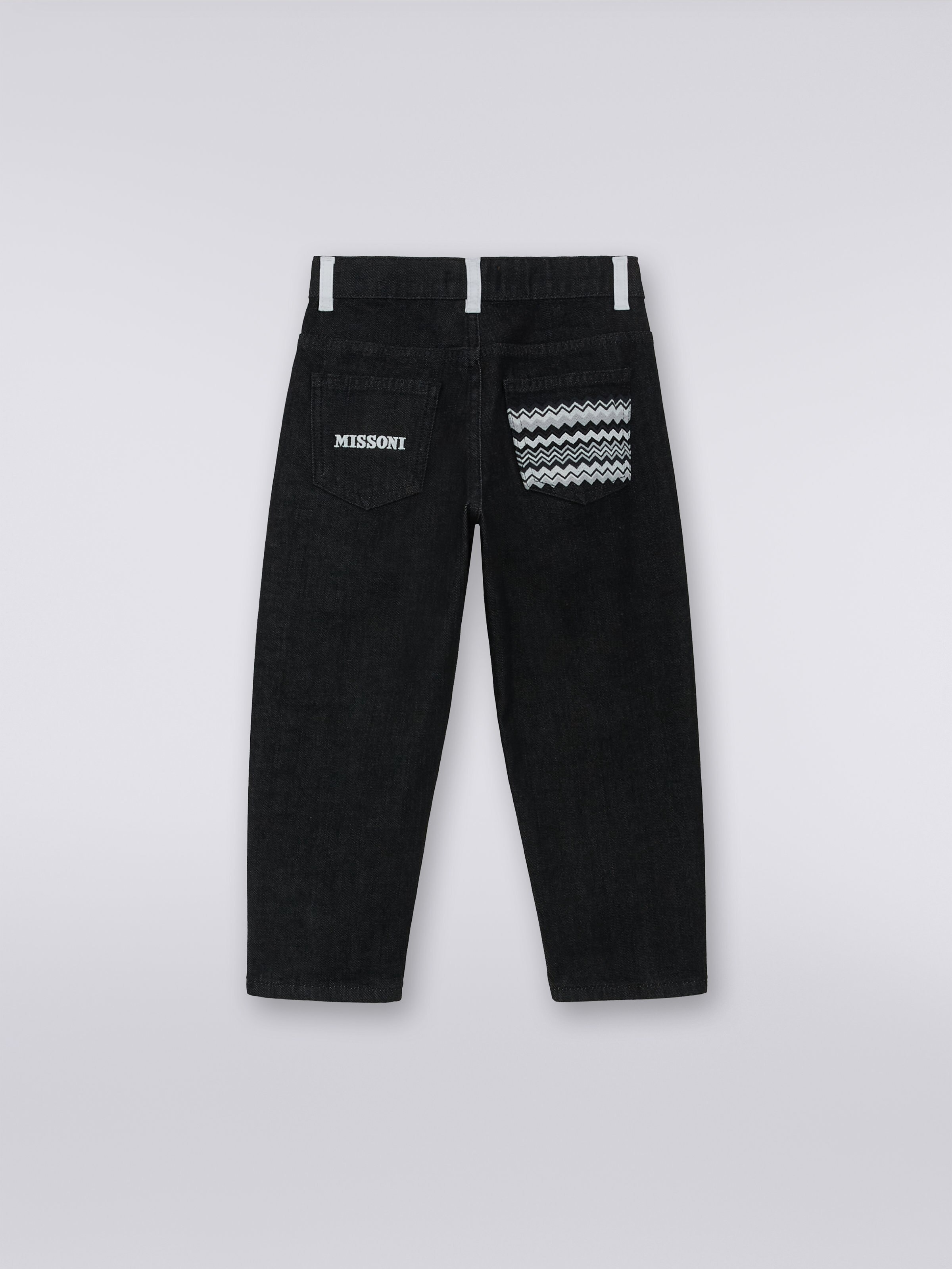 Five-pocket denim trousers with zigzag insert and logo, Black & White - 1