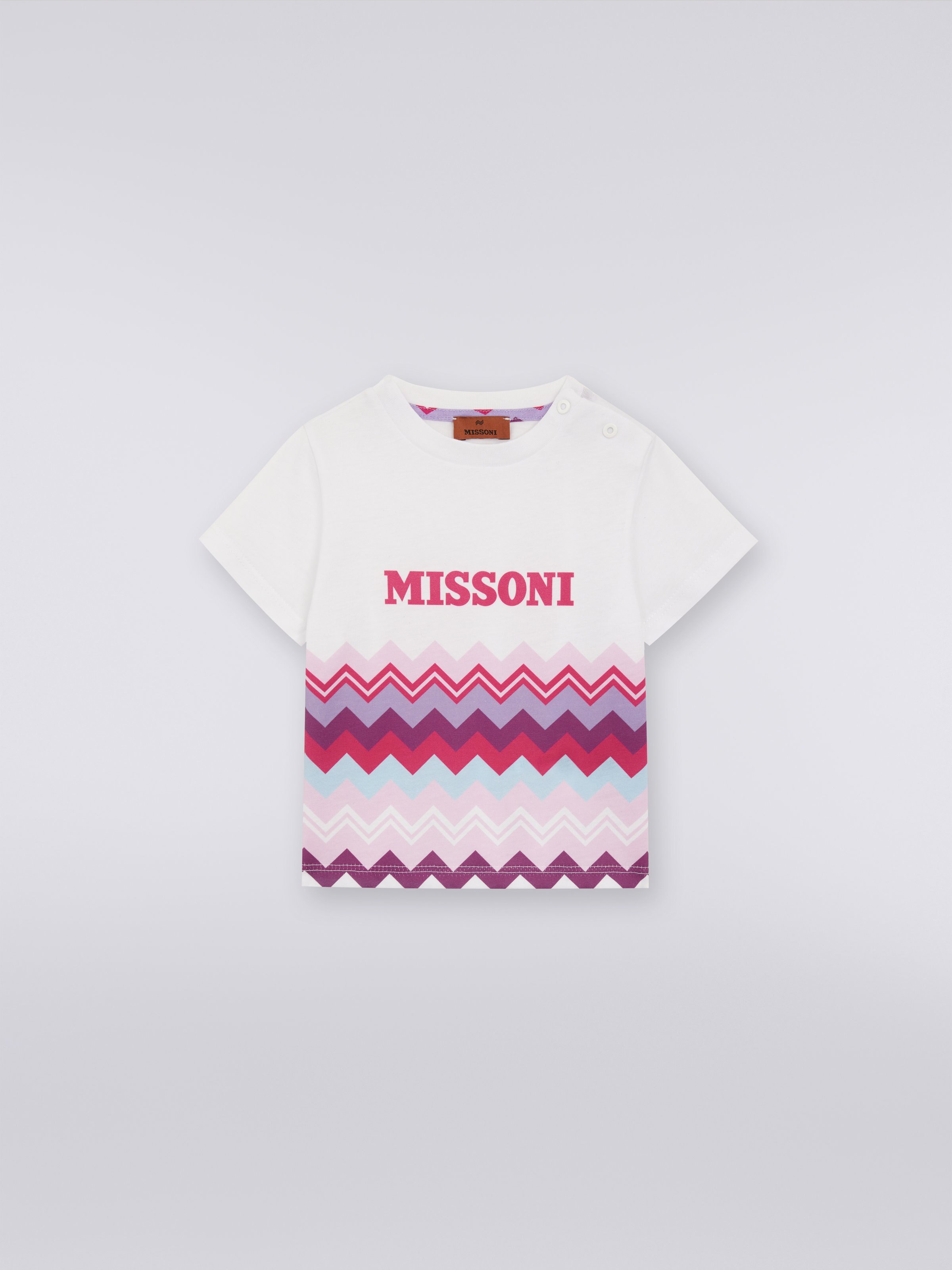 Short-sleeved cotton T-shirt with zigzag and logo, White  - 0