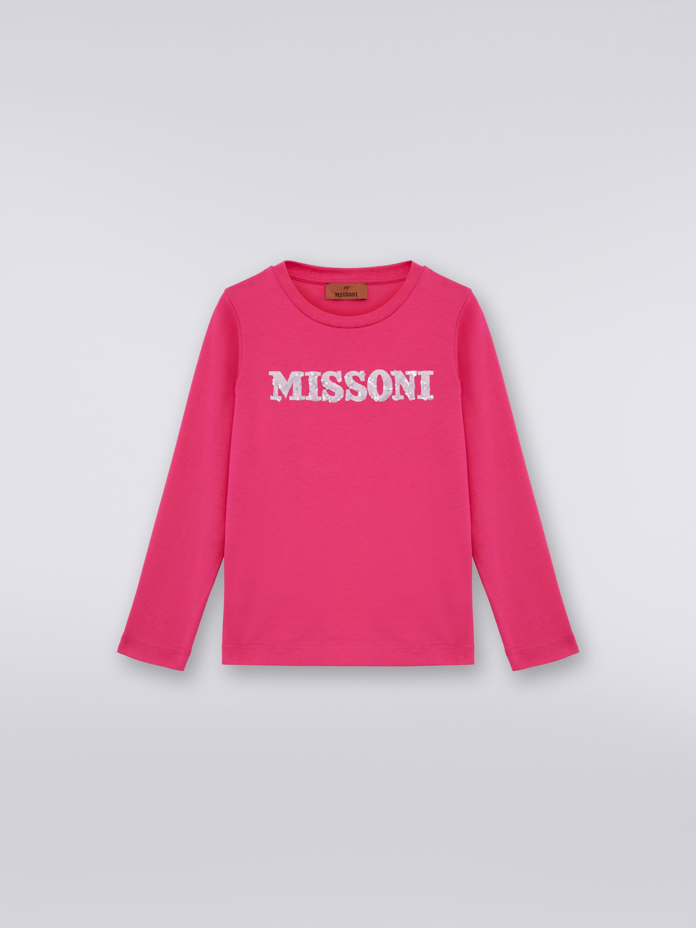 Long-sleeved cotton pullover with sequin logo, Pink   - 0