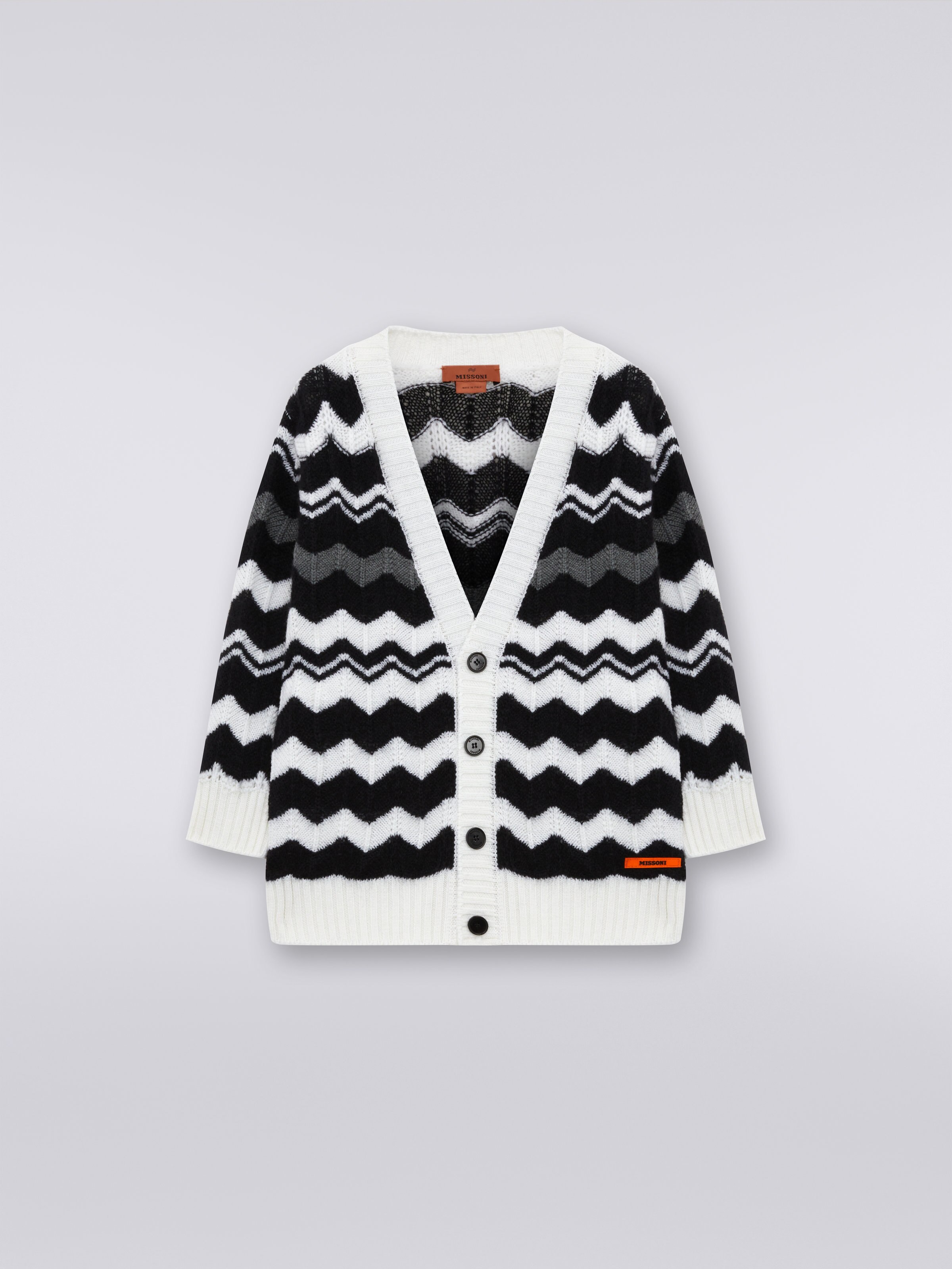Cardigan aus Wolle mit Zickzacklinien, Weiß & Schwarz - 0