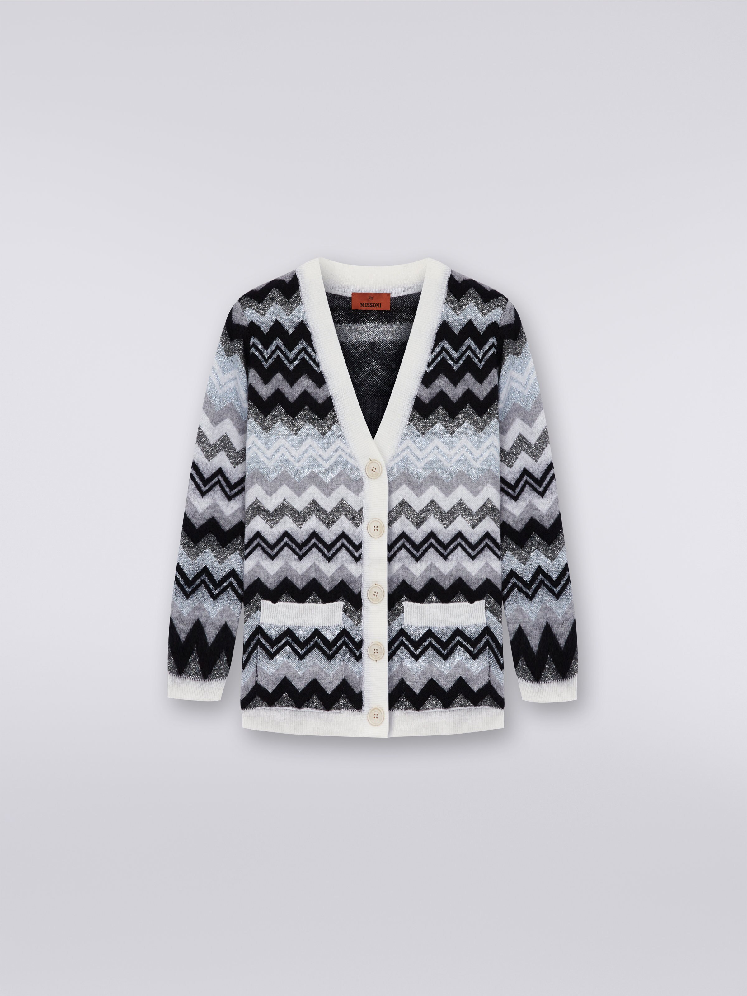 Cardigan à poches en laine zig zag, Noir & Blanc - 0