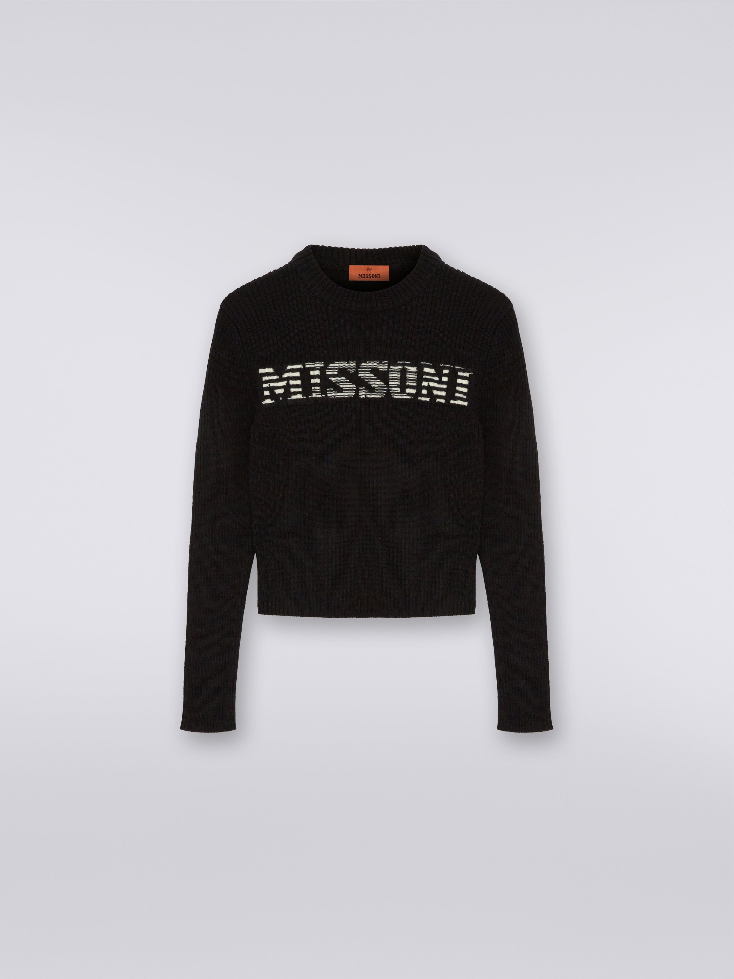 Pull à col rond en mailles de laine avec logo flammé, Noir & Blanc - 0