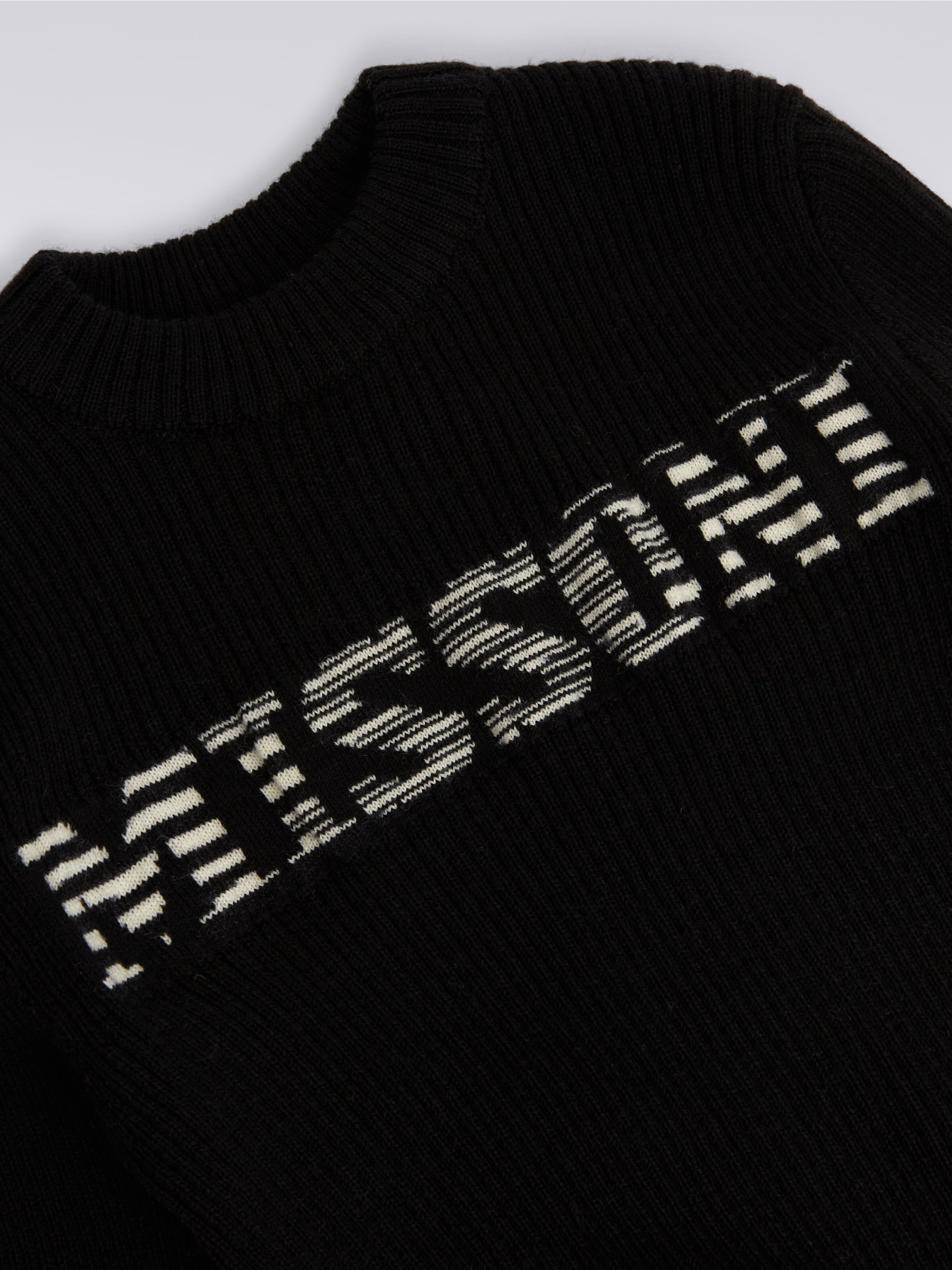 Pull à col rond en mailles de laine avec logo flammé, Noir & Blanc - 2