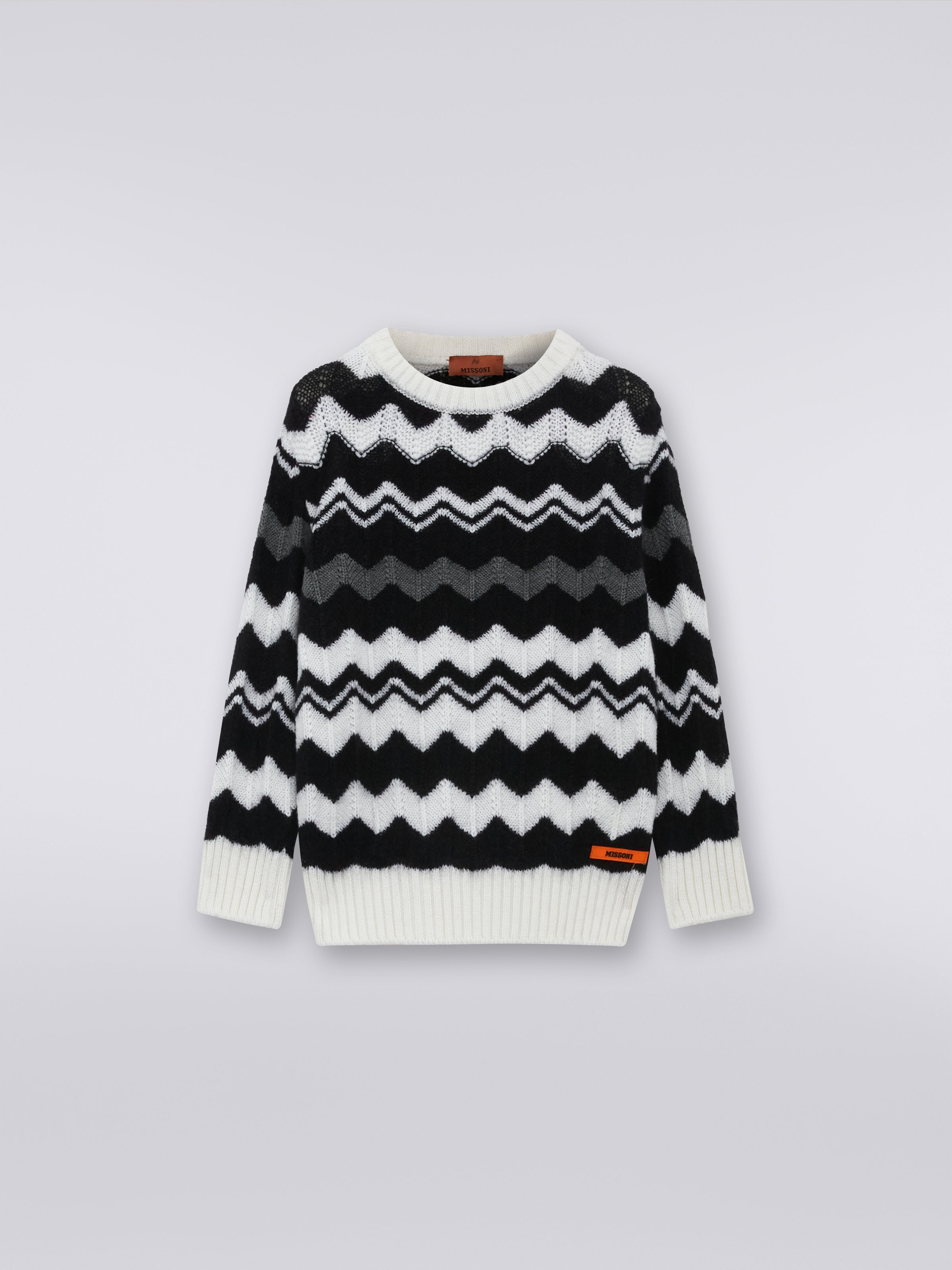 Pull à col ras-du-cou en laine à zig zag, Noir & Blanc - 0