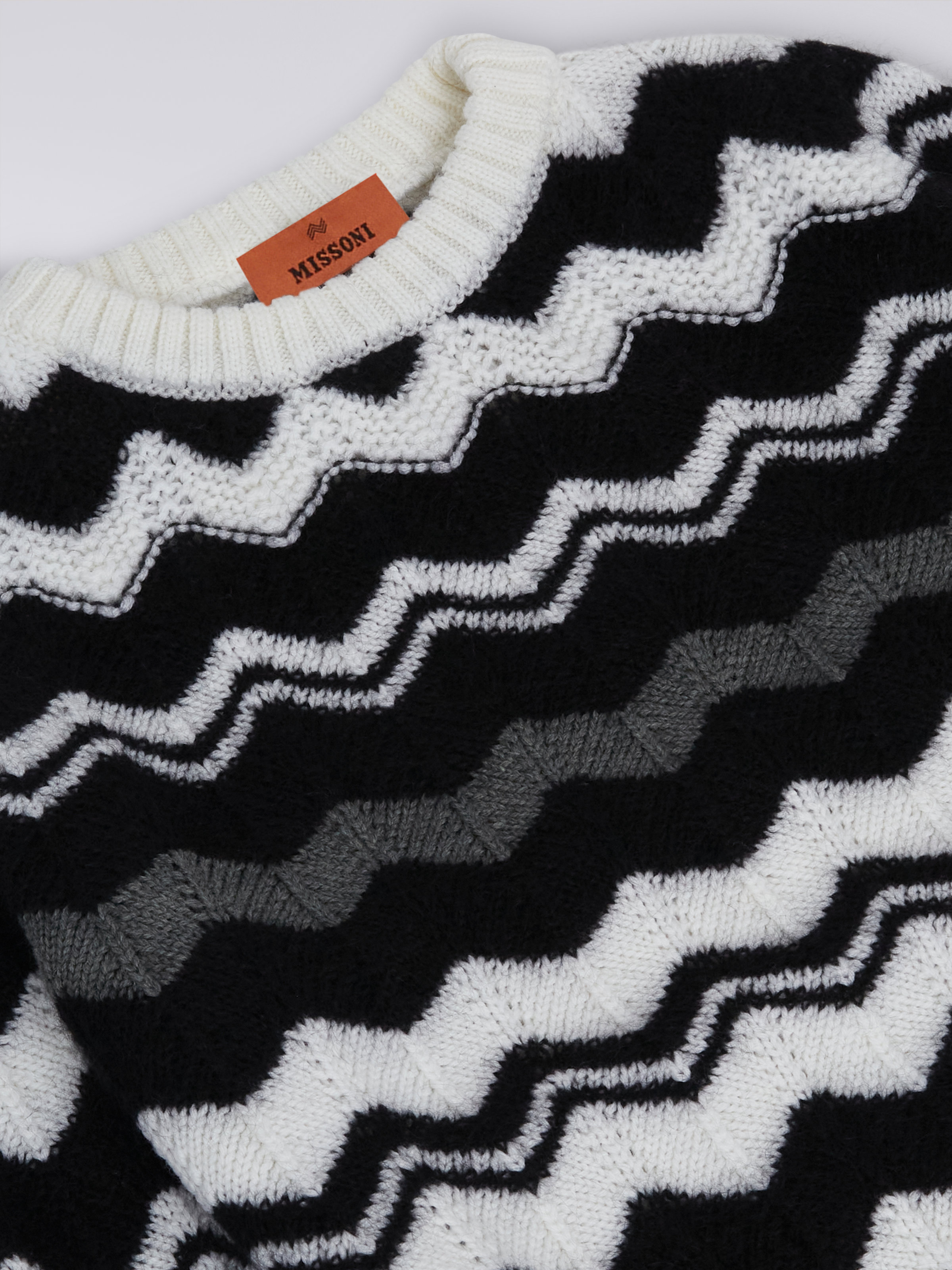 Pull à col ras-du-cou en laine à zig zag, Noir & Blanc - 2