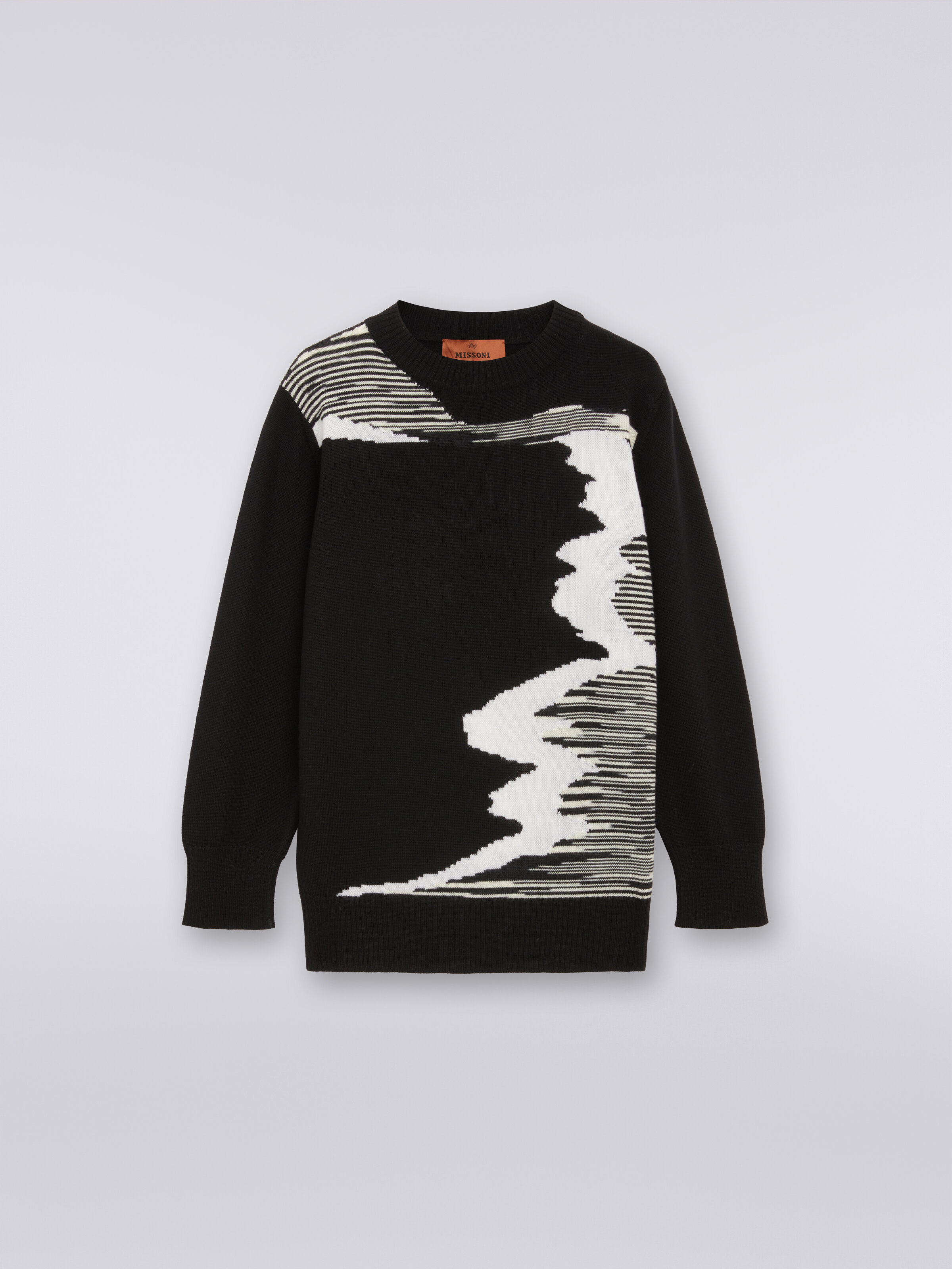 Pure virgin wool crew-neck sweater, Black & White - 0
