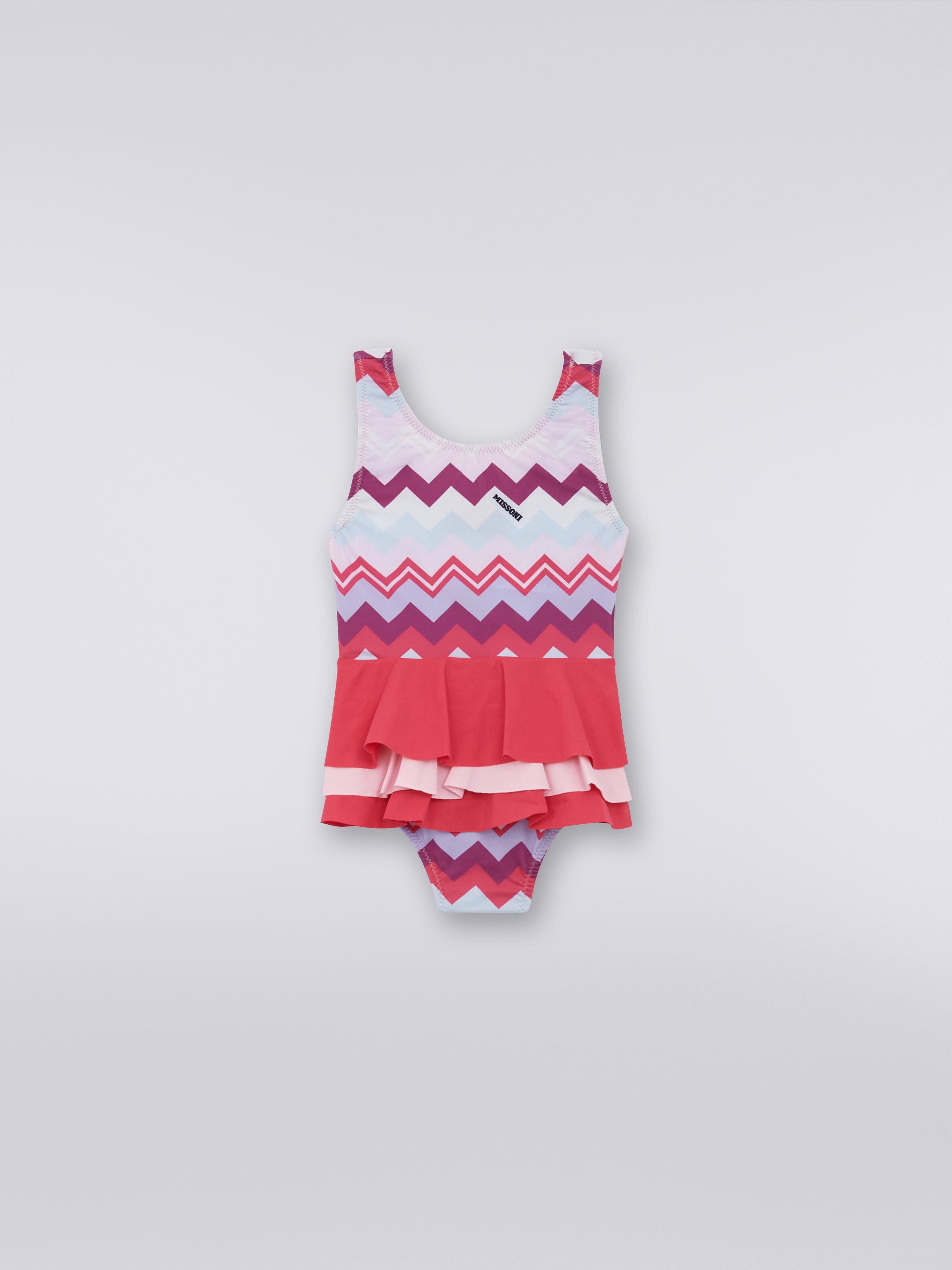 One-piece swimming costume with ruffle and zigzag pattern, Multicoloured  - 0