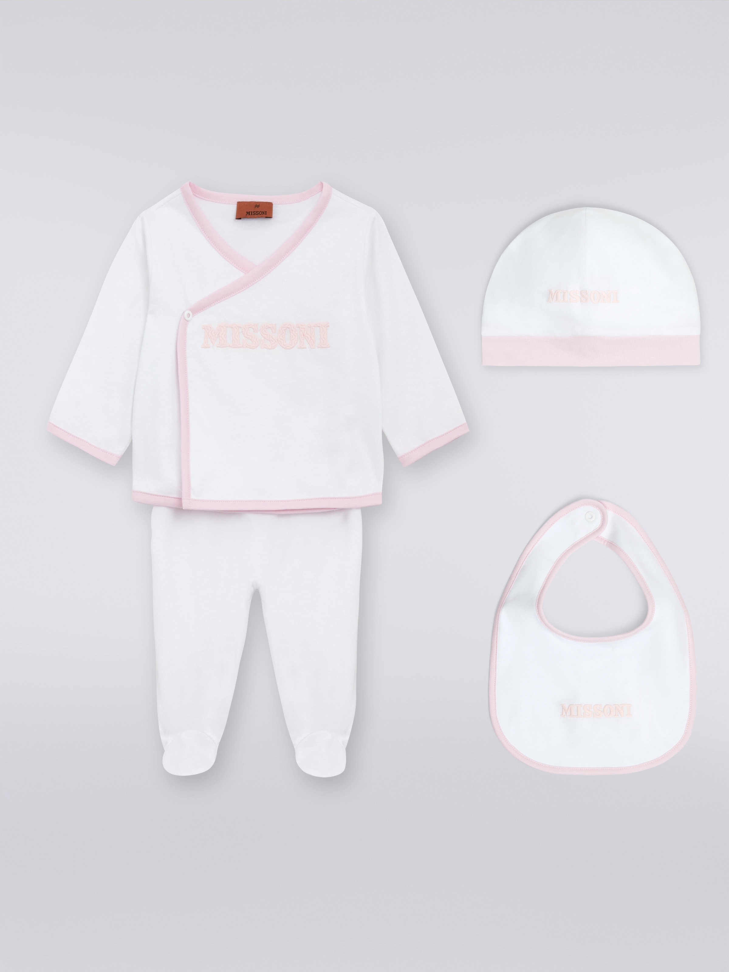 Ensemble trois pièces avec grenouillère, bavoir et bonnet en coton avec logo, Rose   - 0