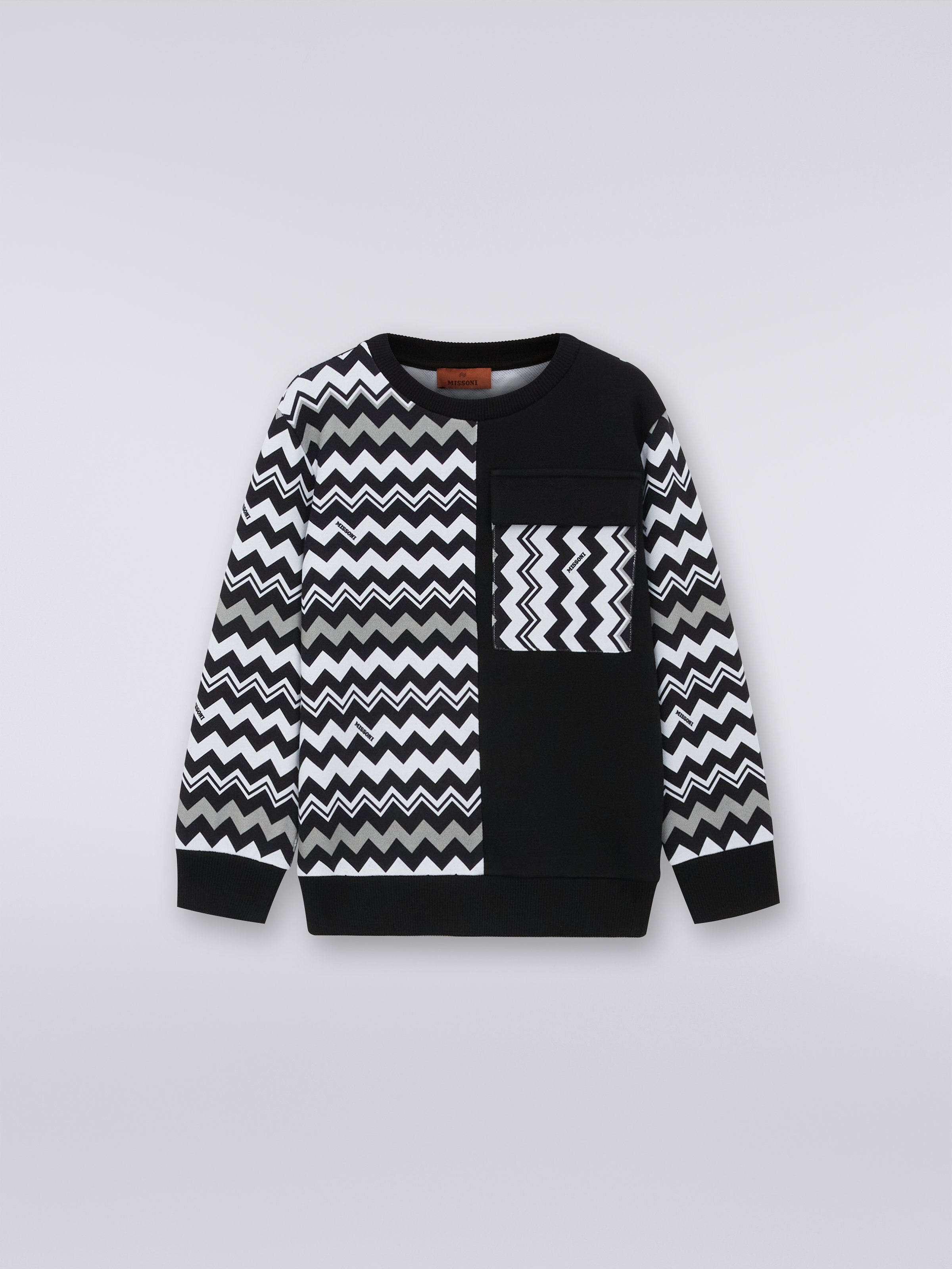 Patchwork-Sweatshirt mit Rundhalsausschnitt aus Baumwolle, Weiß & Schwarz - 0