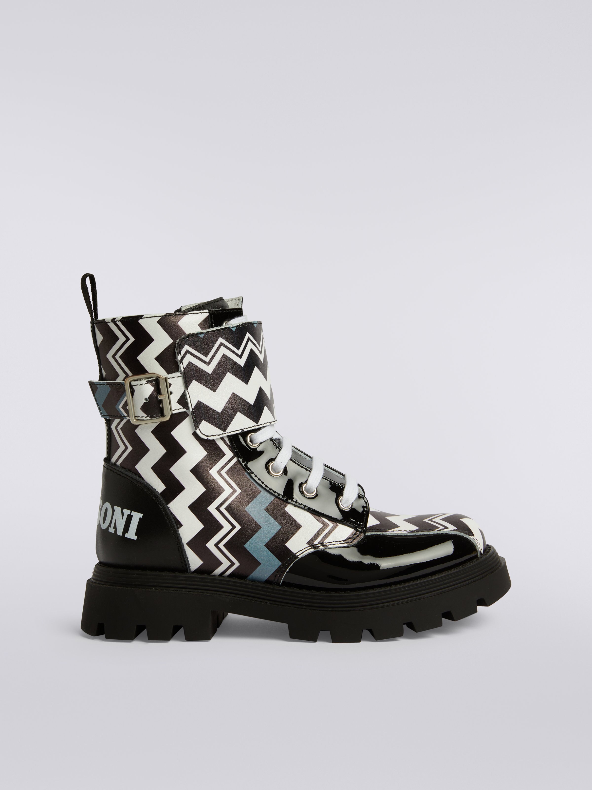 Bottes imprimé zig zag avec empiècements vernis, Noir & Blanc - 0