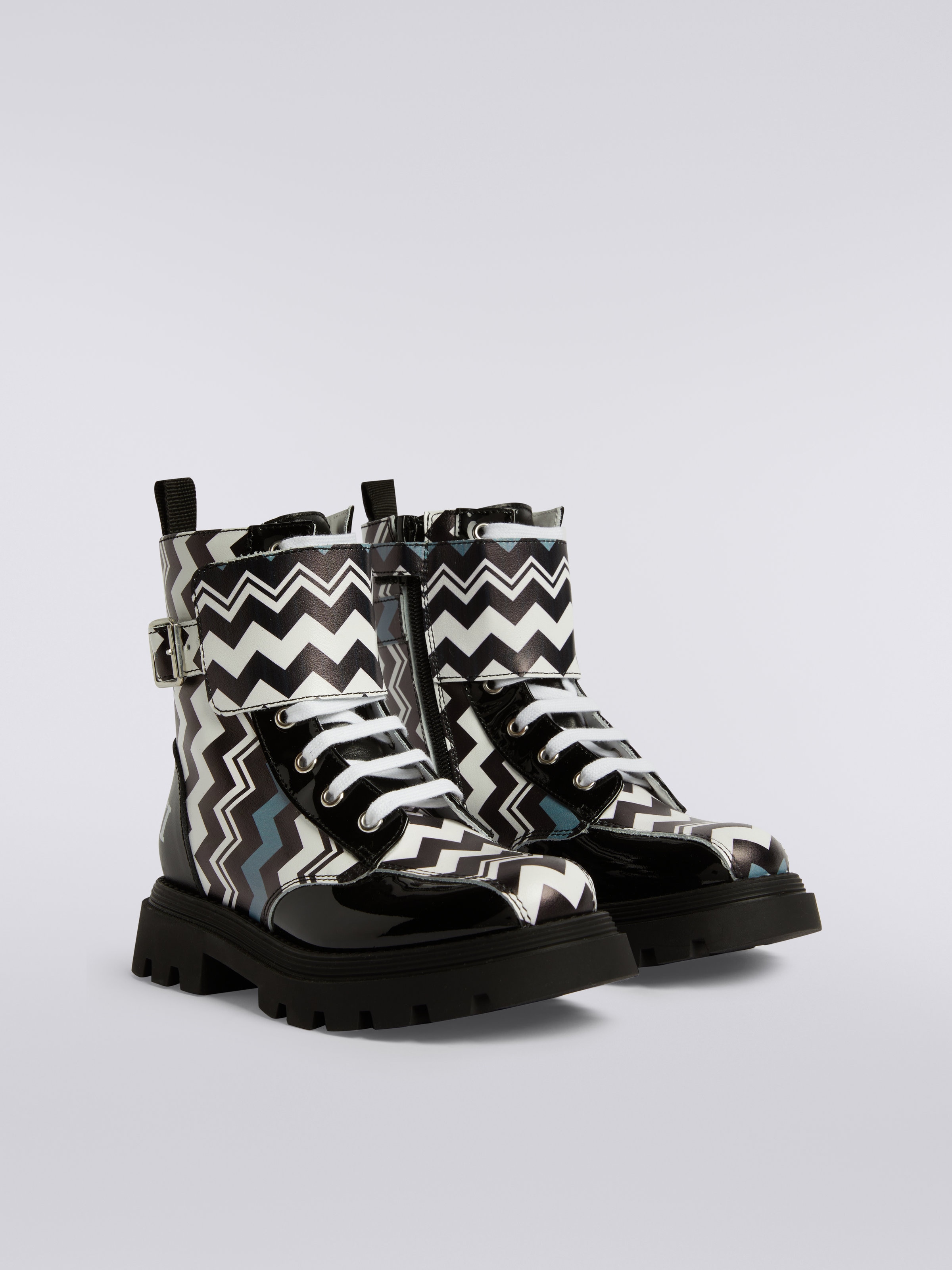 Bottes imprimé zig zag avec empiècements vernis, Noir & Blanc - 1