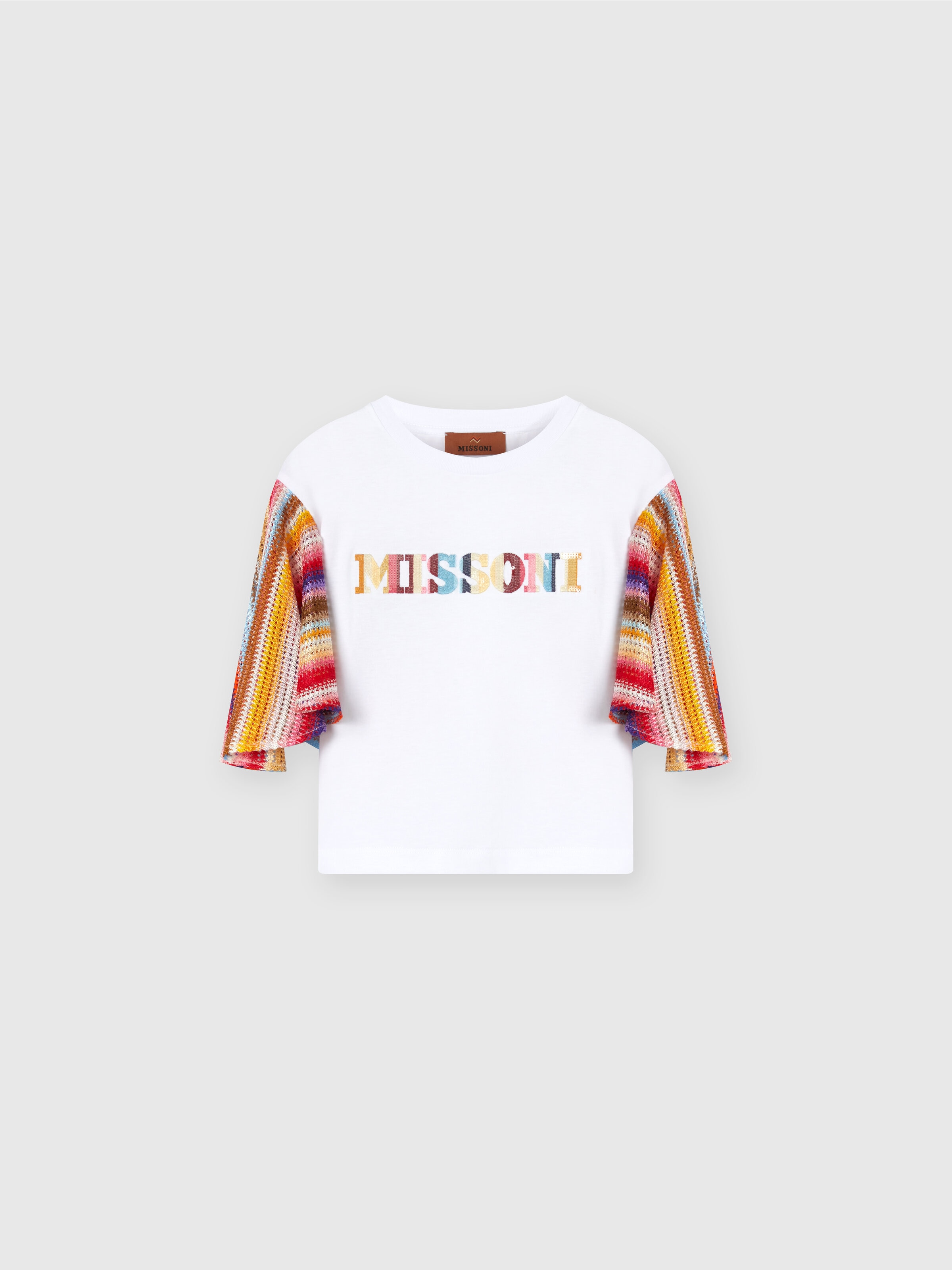 Camiseta de algodón con inserciones en contraste e inscripción del logotipo, Multicolor  - 0