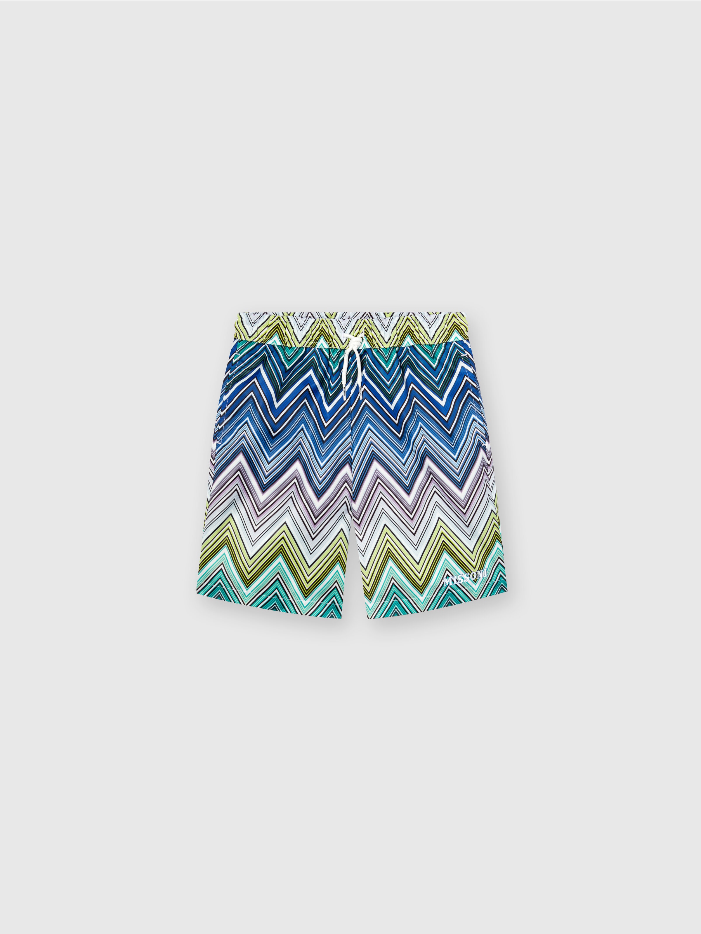 Swimming trunks with chevron pattern and logo lettering, Multicoloured  - 0