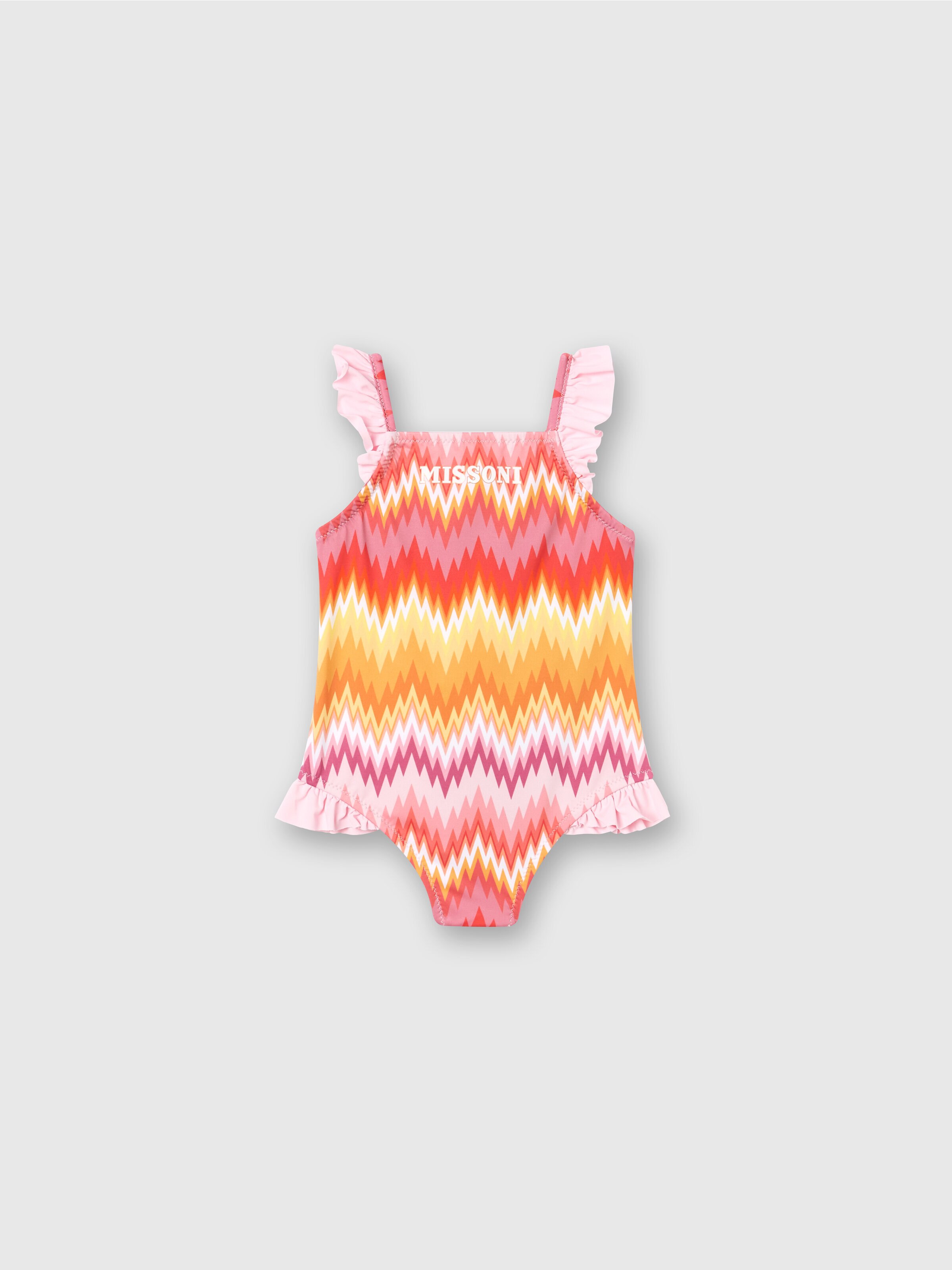 One-piece swimming costume with chevron pattern, ruffle and logo, Multicoloured  - 0
