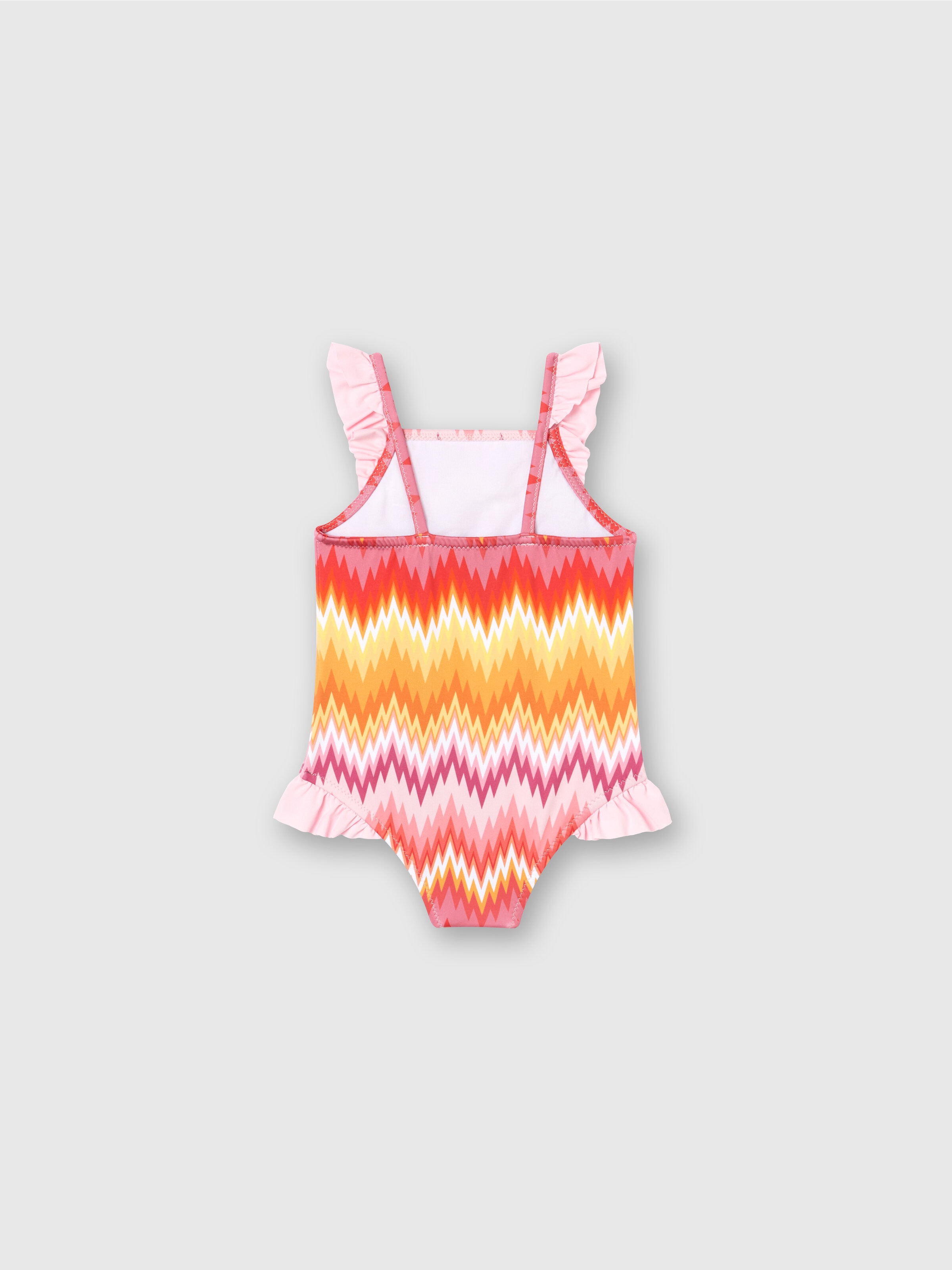 One-piece swimming costume with chevron pattern, ruffle and logo, Multicoloured  - 1
