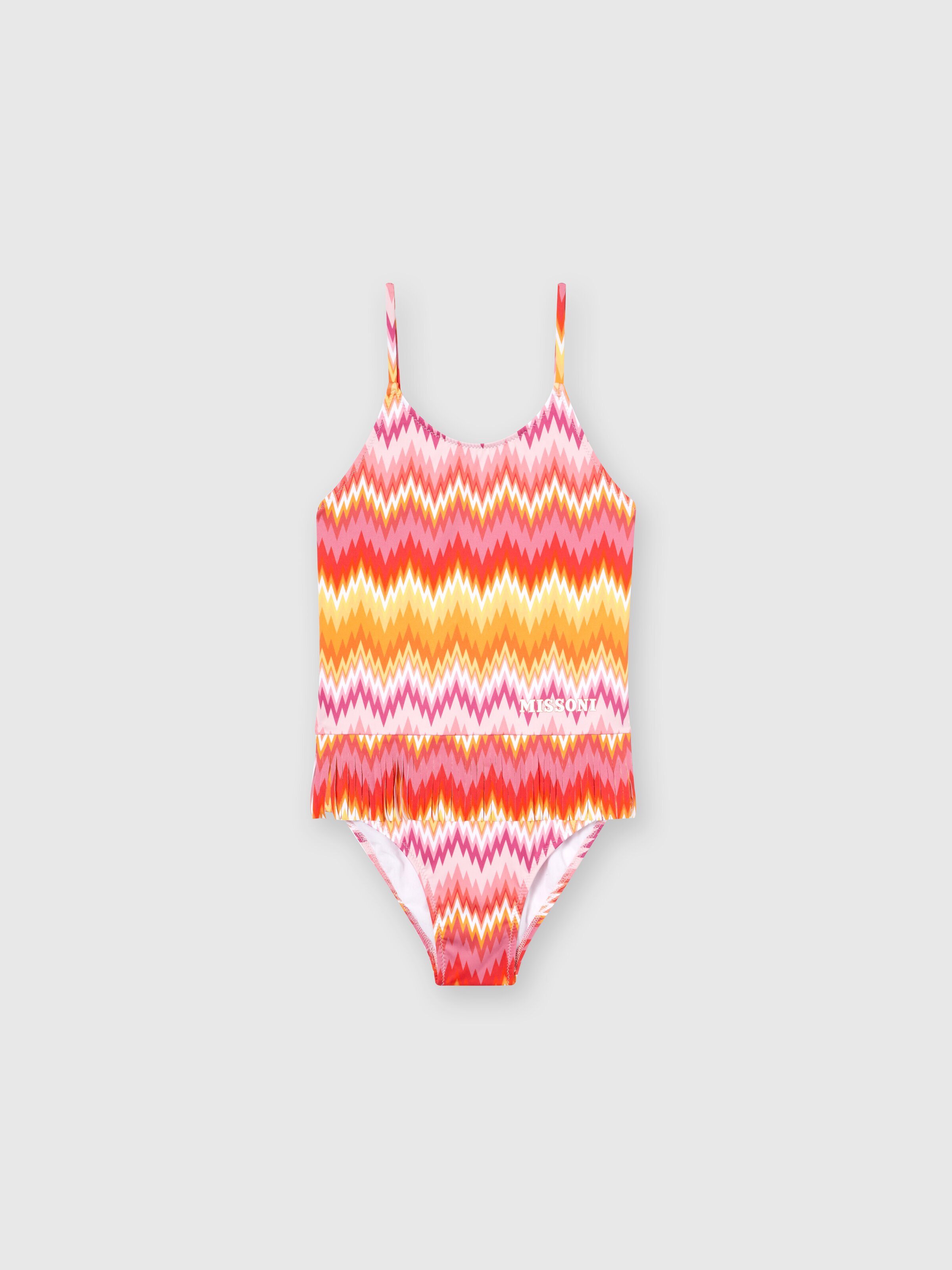 One-piece swimming costume with chevron pattern and logo lettering, Multicoloured  - 0