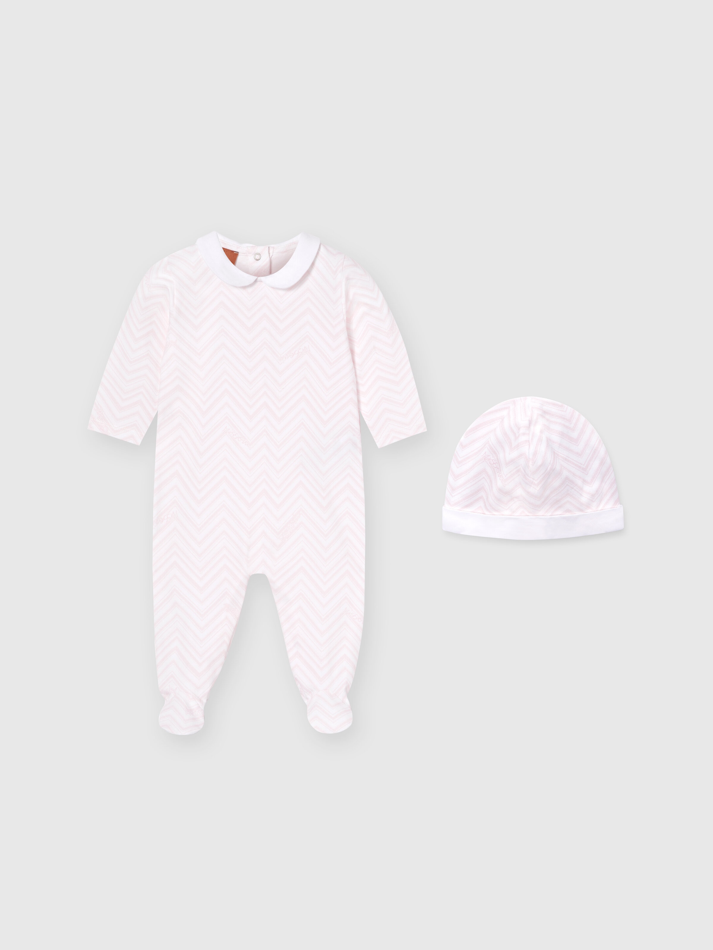Two-piece set with cotton jumpsuit and docker hat with zigzag pattern, Multicoloured  - 0