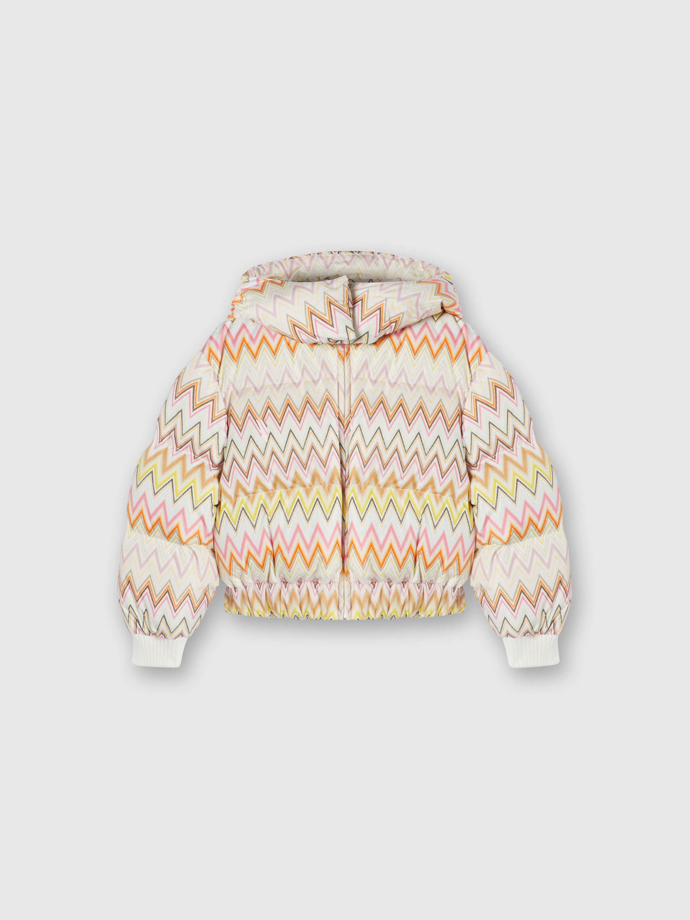 Zig zag nylon down jacket with hood, Beige & Multicoloured  - 0