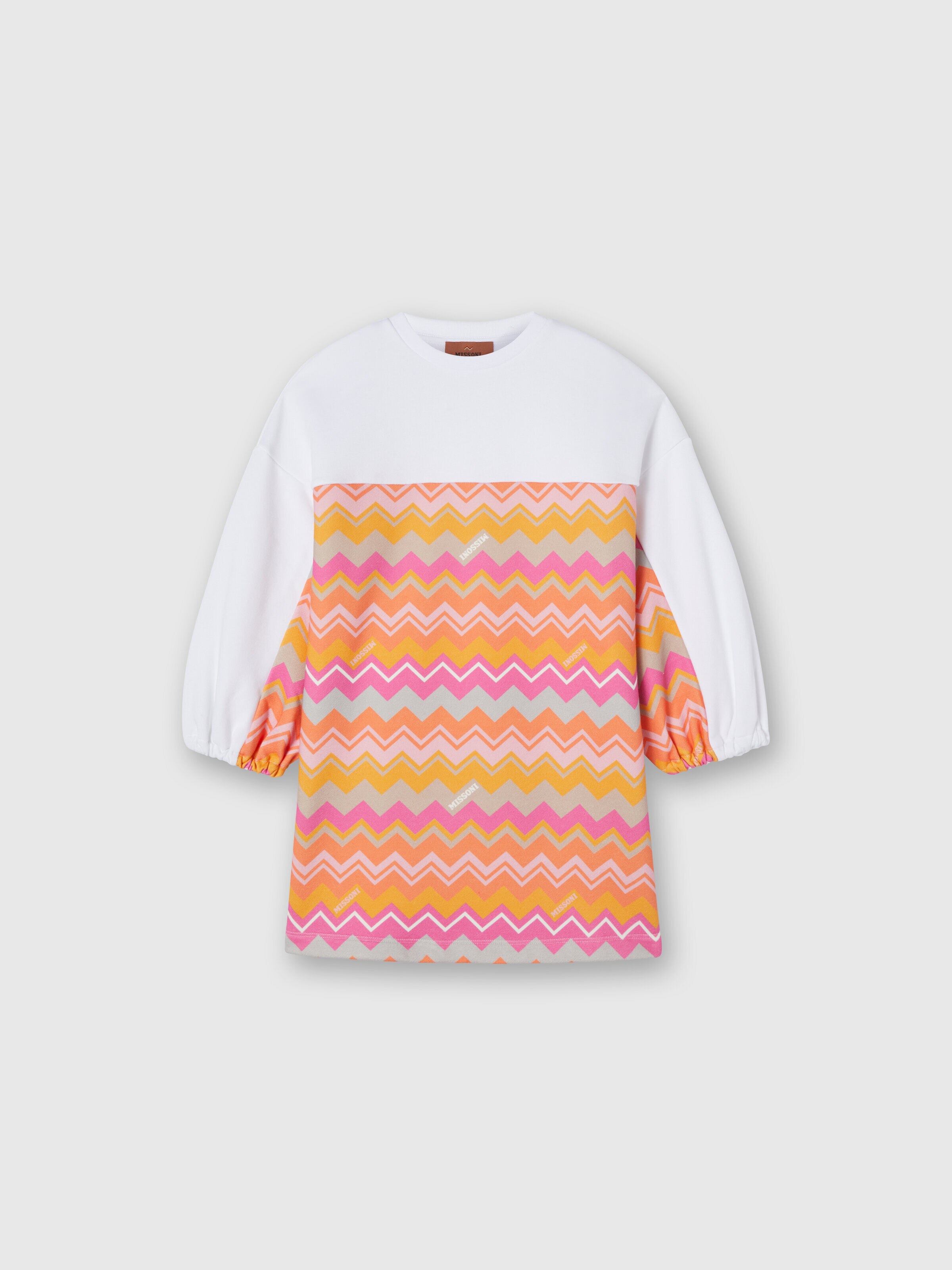 Cotton dress with zig zag inserts and logo, White & Multicoloured   - 0